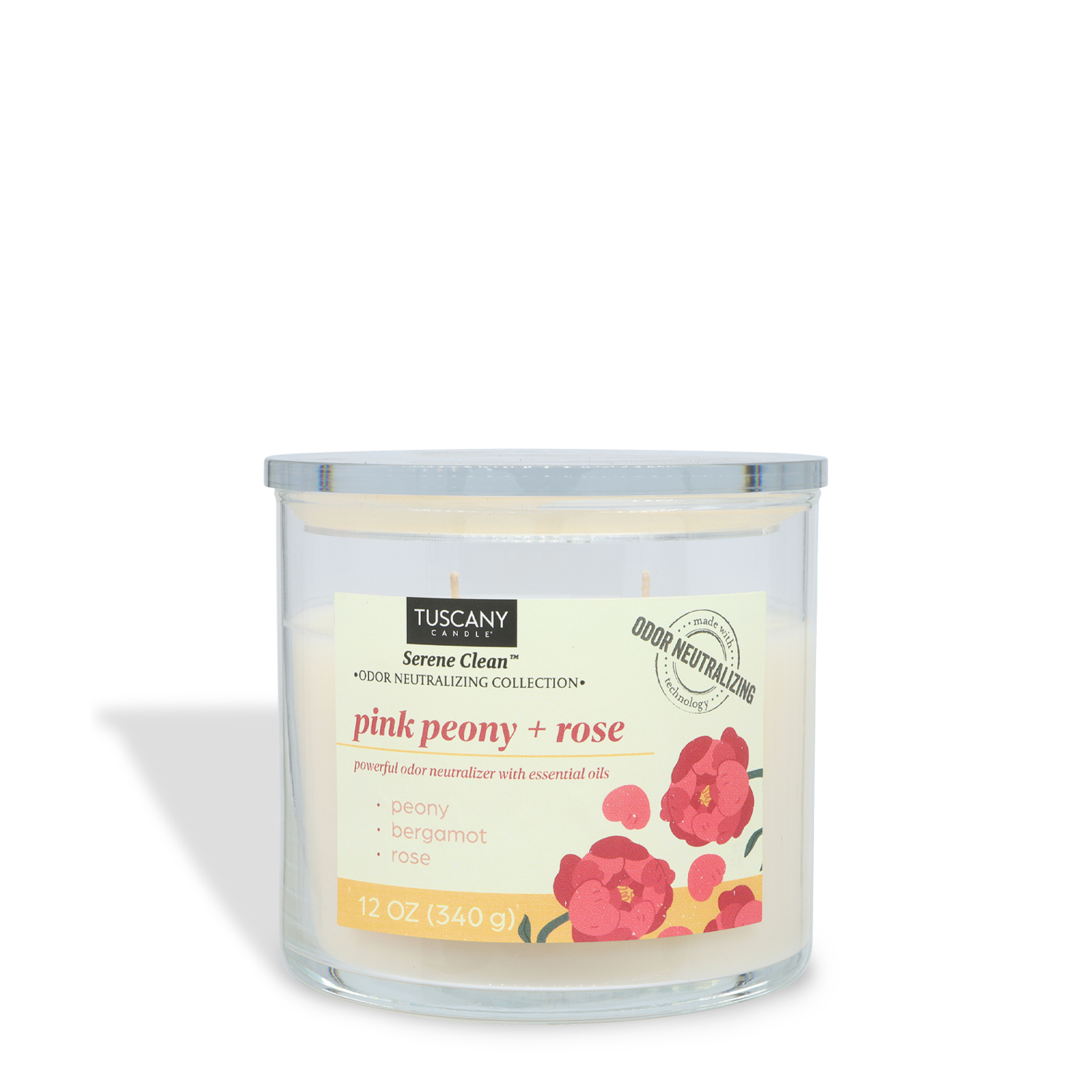 The Tuscany Candle® Everyday Pink Peony + Rose Scented Odor Neutralizing Candle (12 oz) from the Serene Clean Collection features floral notes of peony, bergamot, and rose for a fresh, inviting atmosphere.