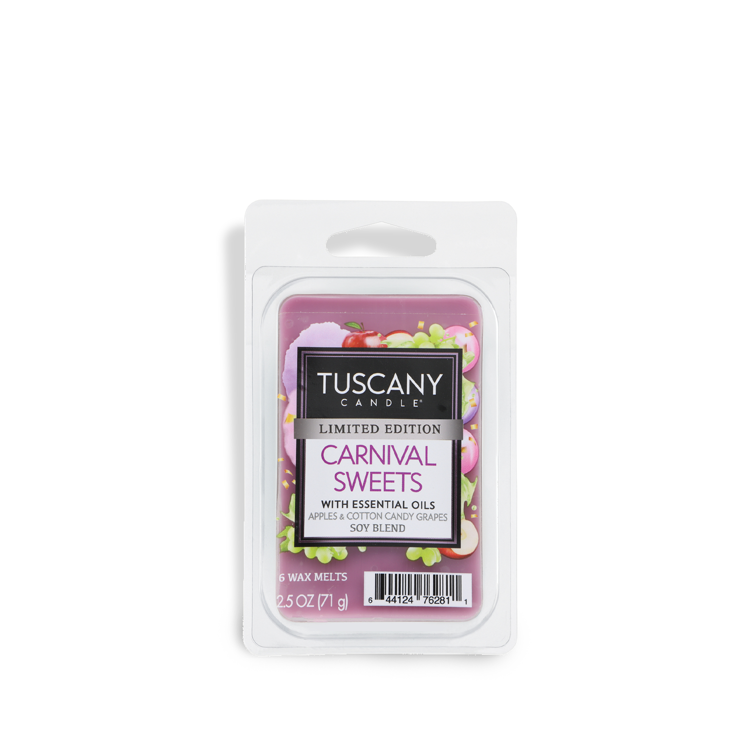 Tuscany Candle® SEASONAL Carnival Sweets: Apples & Cotton Candy Grapes Scented Spring Wax Melt (2.5 oz) fills your home with fruity notes for a festive, limited-edition fragrance experience.