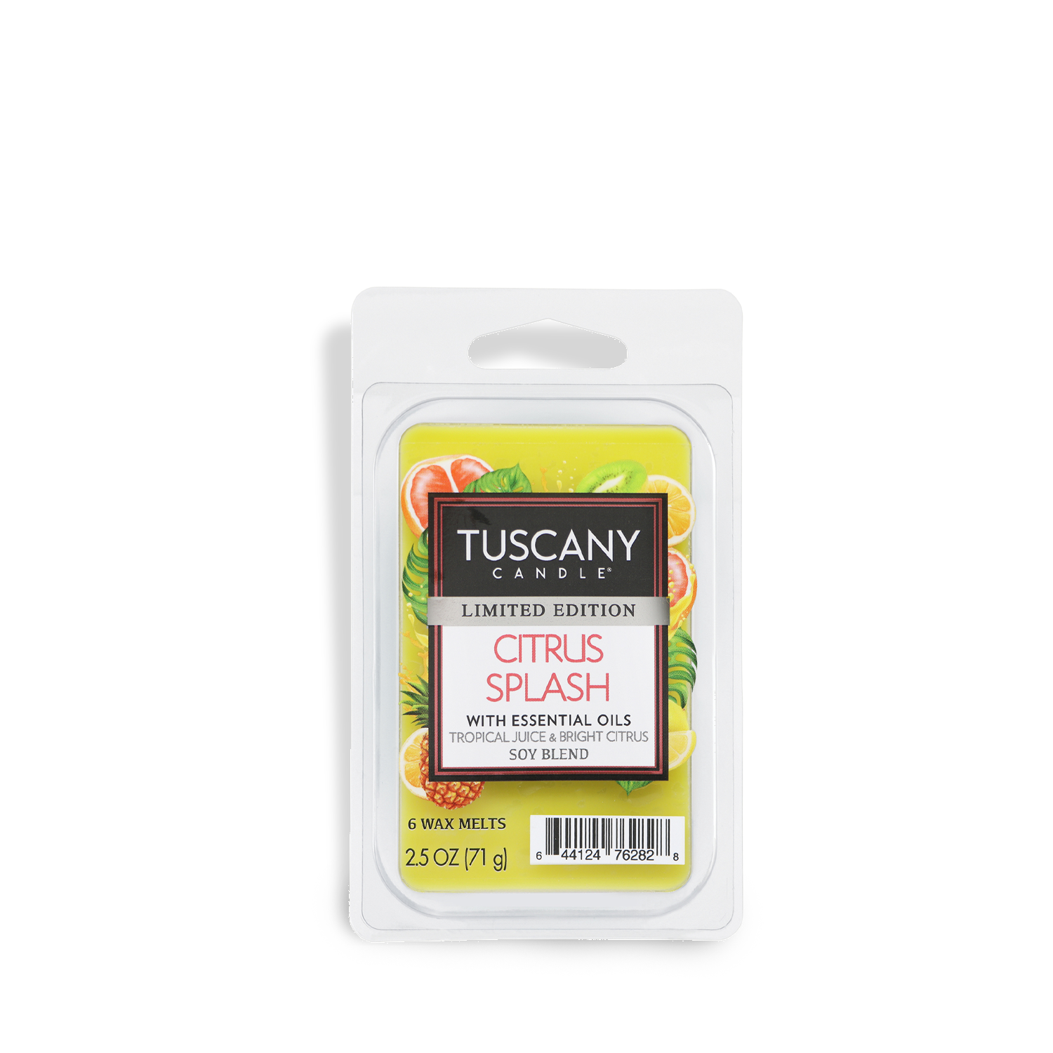 Tuscany Candle® SEASONAL Citrus Splash: Tropical Juice & Bright Citrus Scented Spring Wax Melt, 2.5 oz, in plastic packaging with citrus fruit label; limited edition.