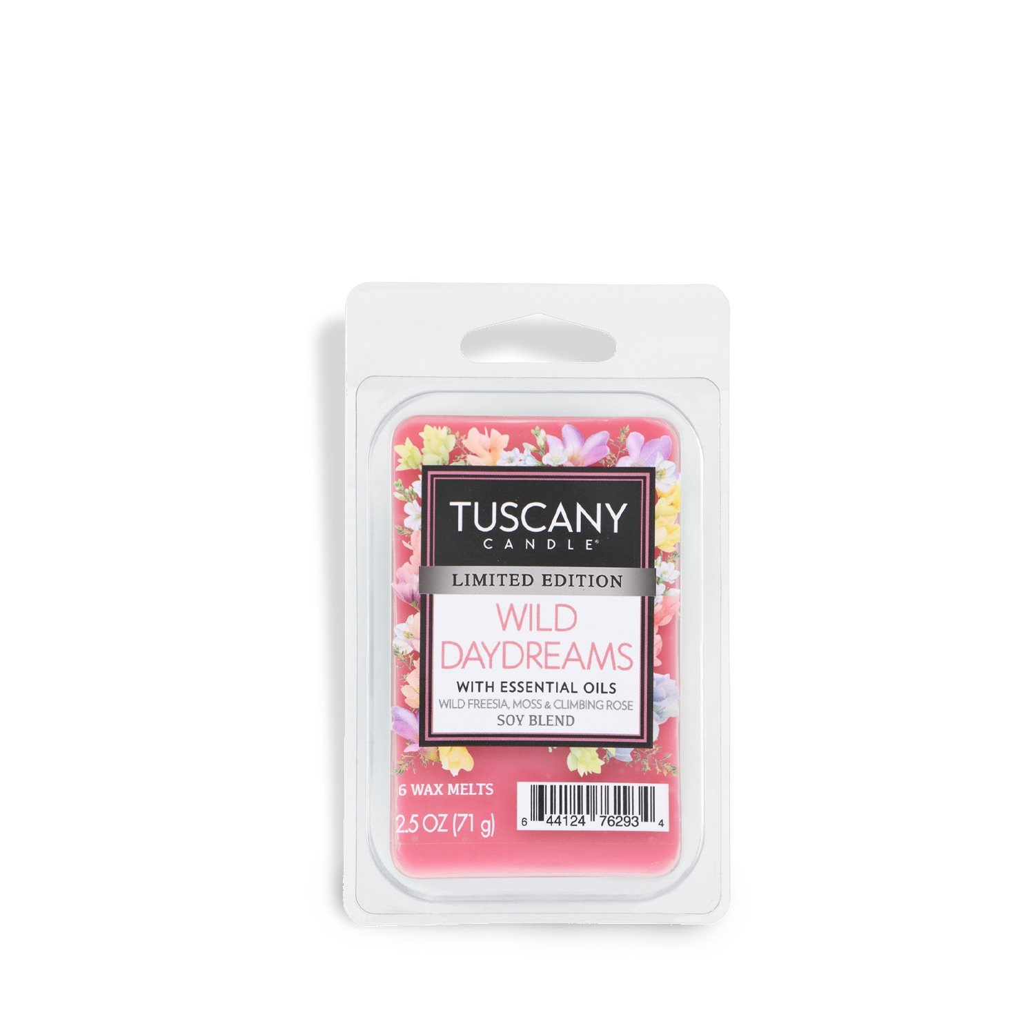 A 2.5 oz Tuscany Candle® SEASONAL Wild Daydreams: Freesia & Rose Scented Spring Wax Melt in a clear plastic container with a floral label, made from a soy blend wax.