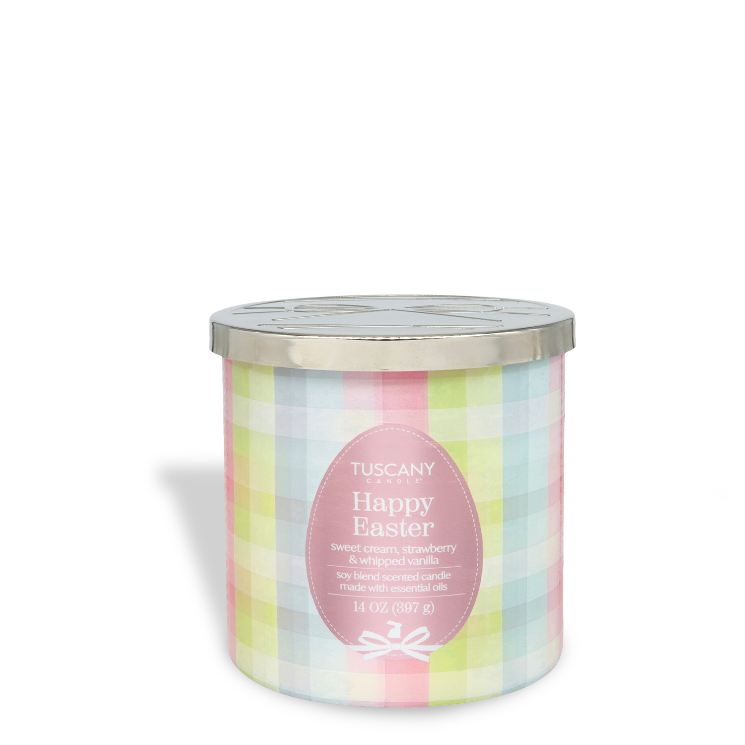 The Tuscany Candle® Happy Easter: Strawberries & Cream Scented Spring Candle (14 oz) features a pastel plaid design, silver lid, and a sweet cream, strawberry, and whipped vanilla fragrance.