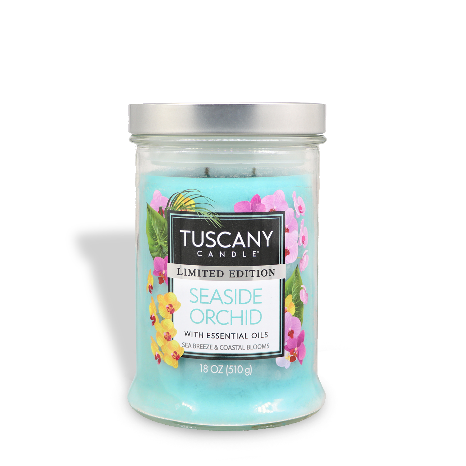 The Tuscany Candle® SEASONAL Seaside Orchid: Sea Breeze & Coastal Blooms Scented Spring Candle (18 oz) features light blue wax and floral graphics—a refreshing coastal candle perfect for relaxing spaces.