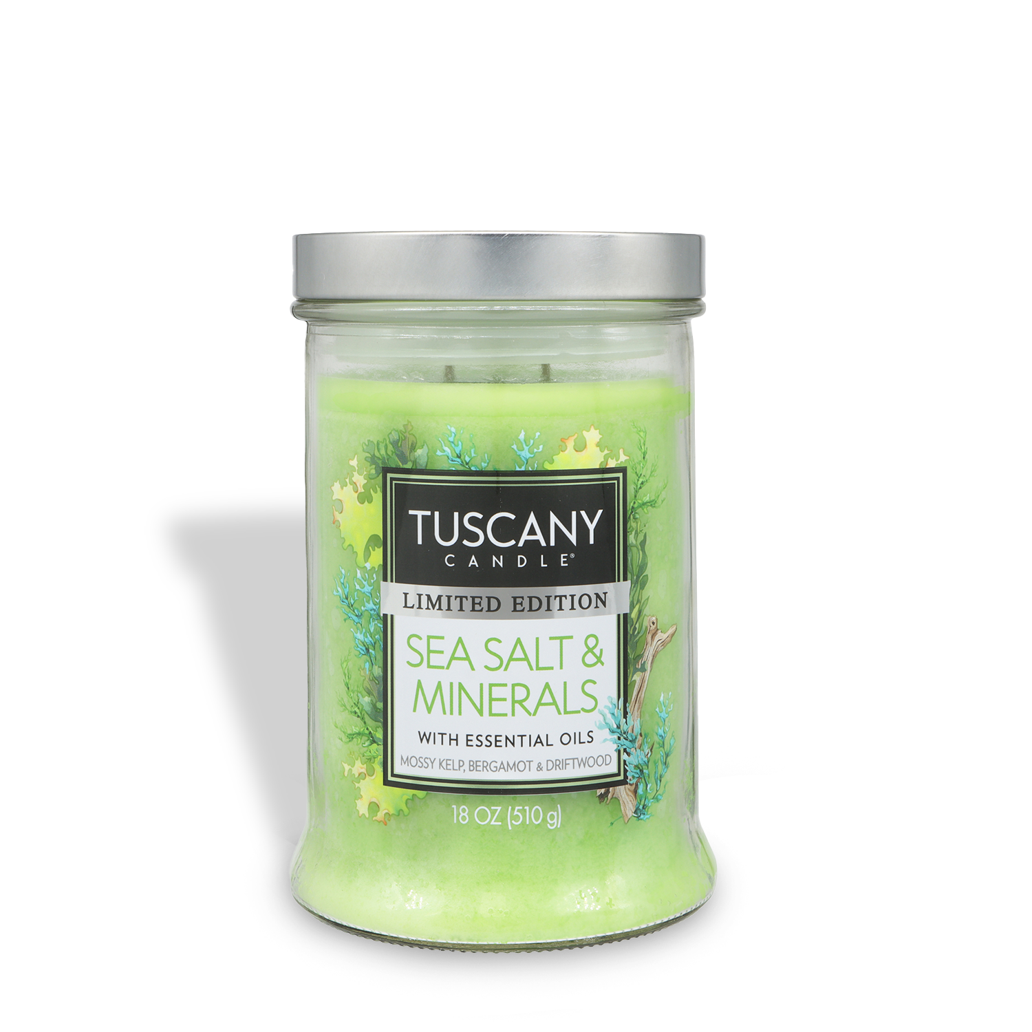 The Tuscany Candle® SEASONAL Sea Salt & Minerals: Mossy Kelp & Driftwood Scented Spring Candle (18 oz) features green wax and a silver lid—ideal for adding coastal decor to your home.