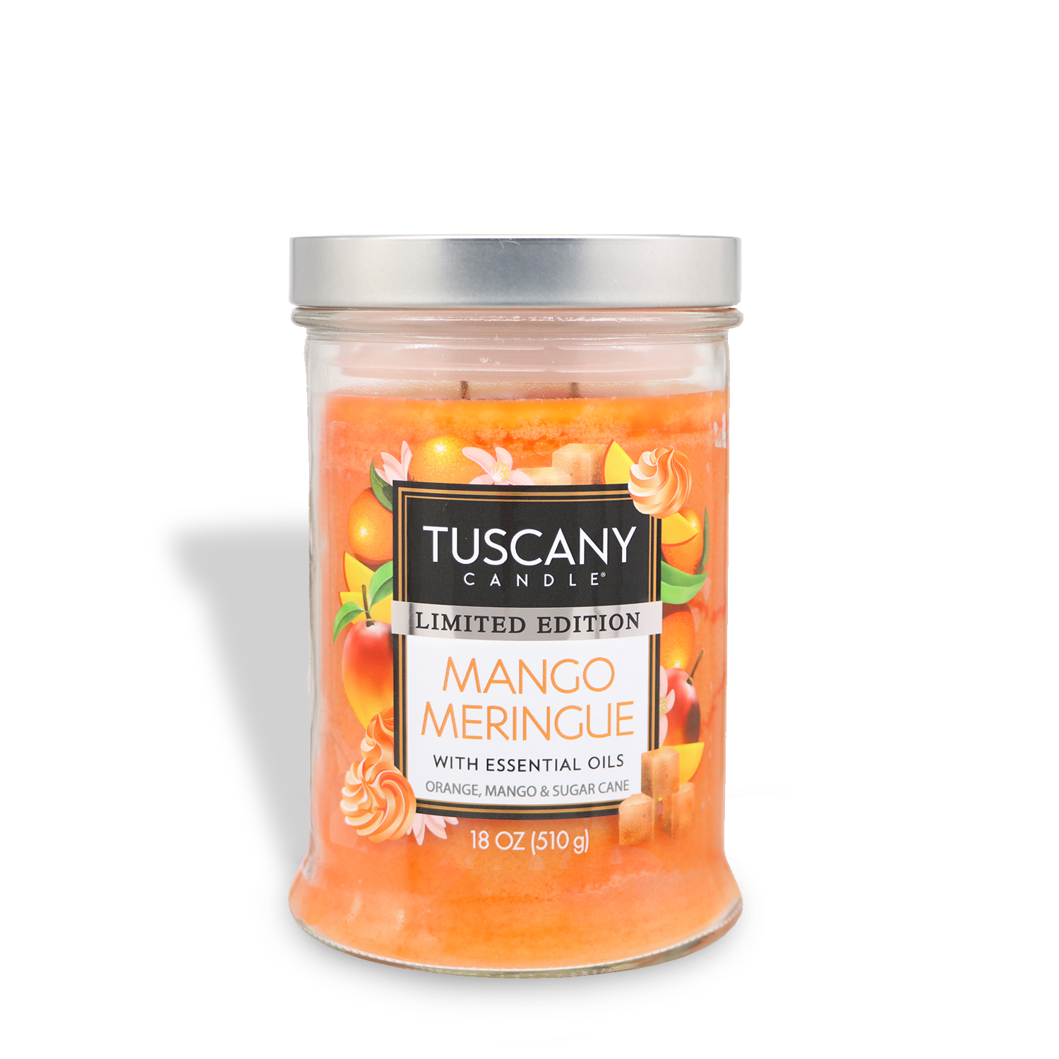 An 18 oz Tuscany Candle® SEASONAL Mango Meringue: Orange & Sugar Cane Scented Spring Candle in a glass jar with silver lid.