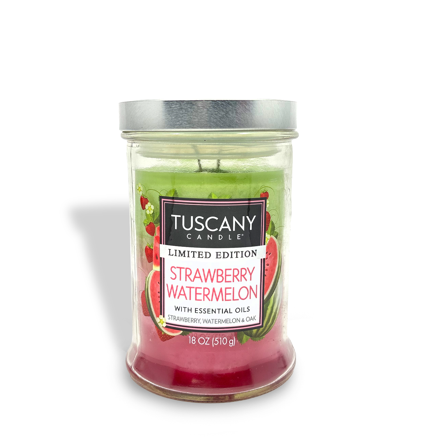 The Tuscany Candle® SEASONAL Strawberry Watermelon: Fruit Blend & Oak Scented Spring Candle (18 oz) features red and green wax with fruit art—a vibrant choice for lovers of refreshing, fruity aromas.