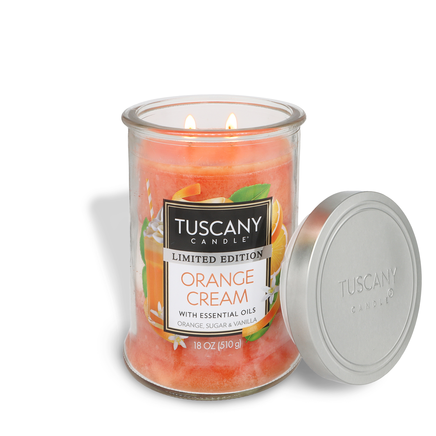 The Tuscany Candle® SEASONAL Orange Cream: Orange & Vanilla Scented Spring Candle (18 oz) fills your space with inviting orange and vanilla notes. This limited edition candle in a glass jar includes essential oils and features a silver lid.