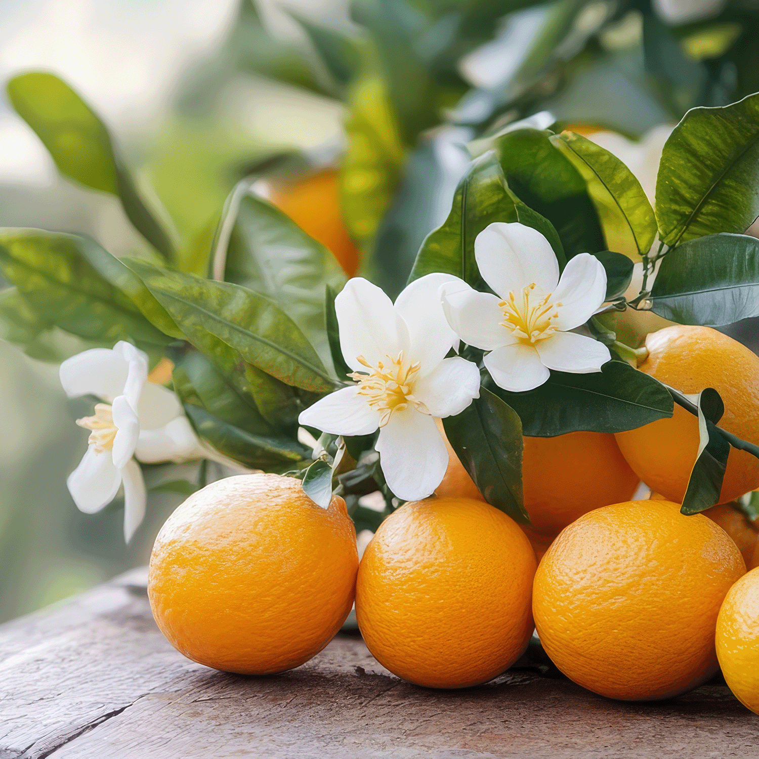 Several ripe oranges with green leaves and white blossoms rest on wood in natural light, evoking the nostalgic scent of Orange Cream: Orange & Vanilla Scented Spring Candle (18 oz) by Tuscany Candle® SEASONAL.