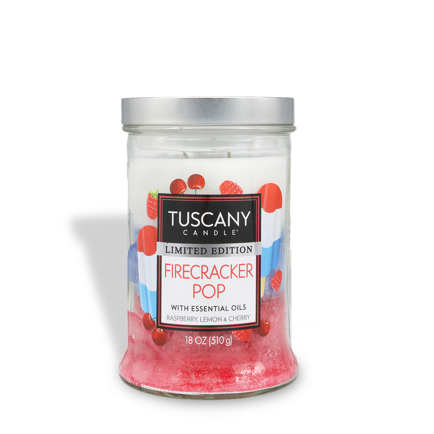 An 18 oz Tuscany Candle® SEASONAL Firecracker Pop candle, a limited edition summer scent with raspberry, lemon, and cherry.