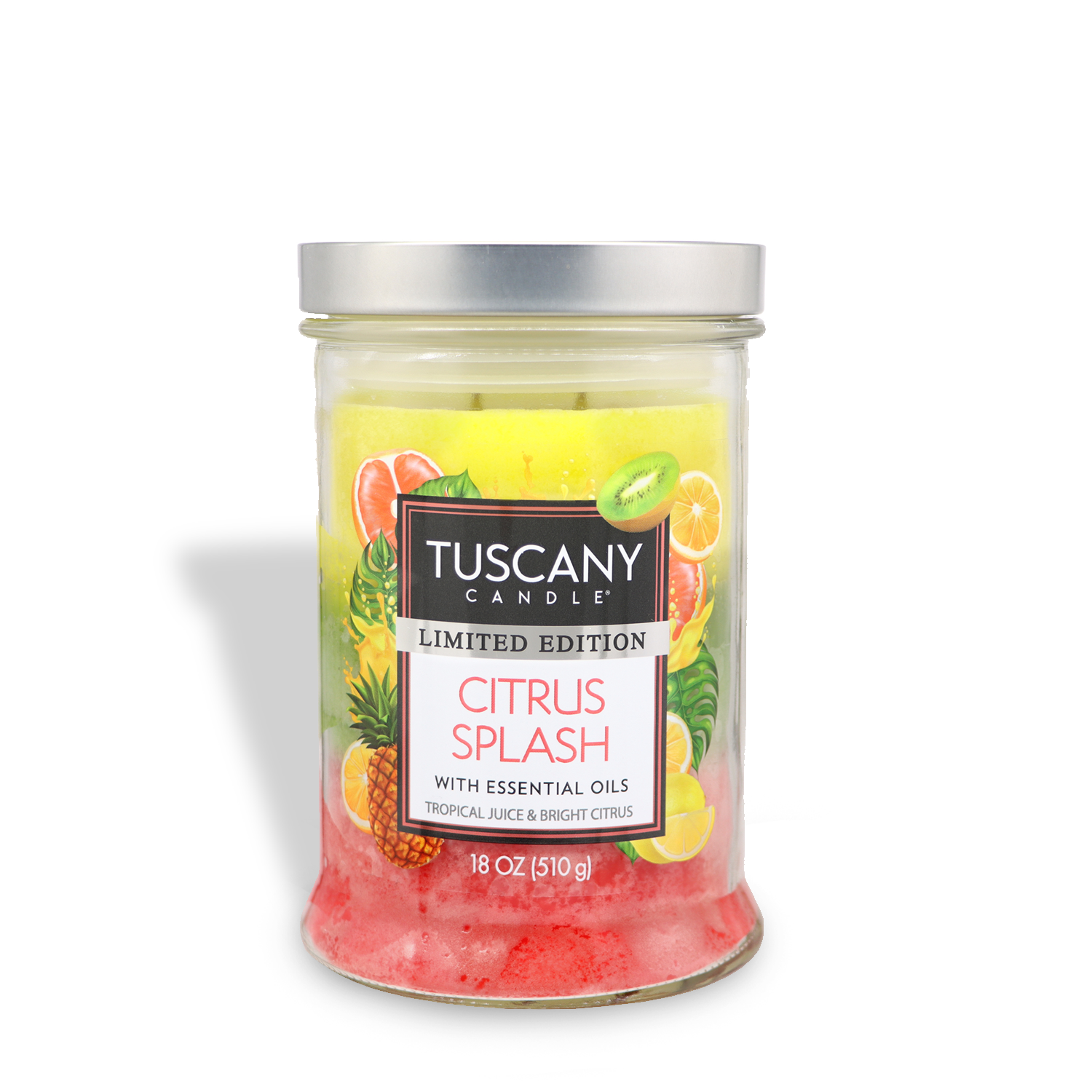 The Tuscany Candle® SEASONAL Citrus Splash: Tropical Juice & Bright Citrus Scented Spring Candle (18 oz) features layered yellow and pink wax in a silver-lidded jar, filling your space with a refreshing, invigorating citrus aroma.
