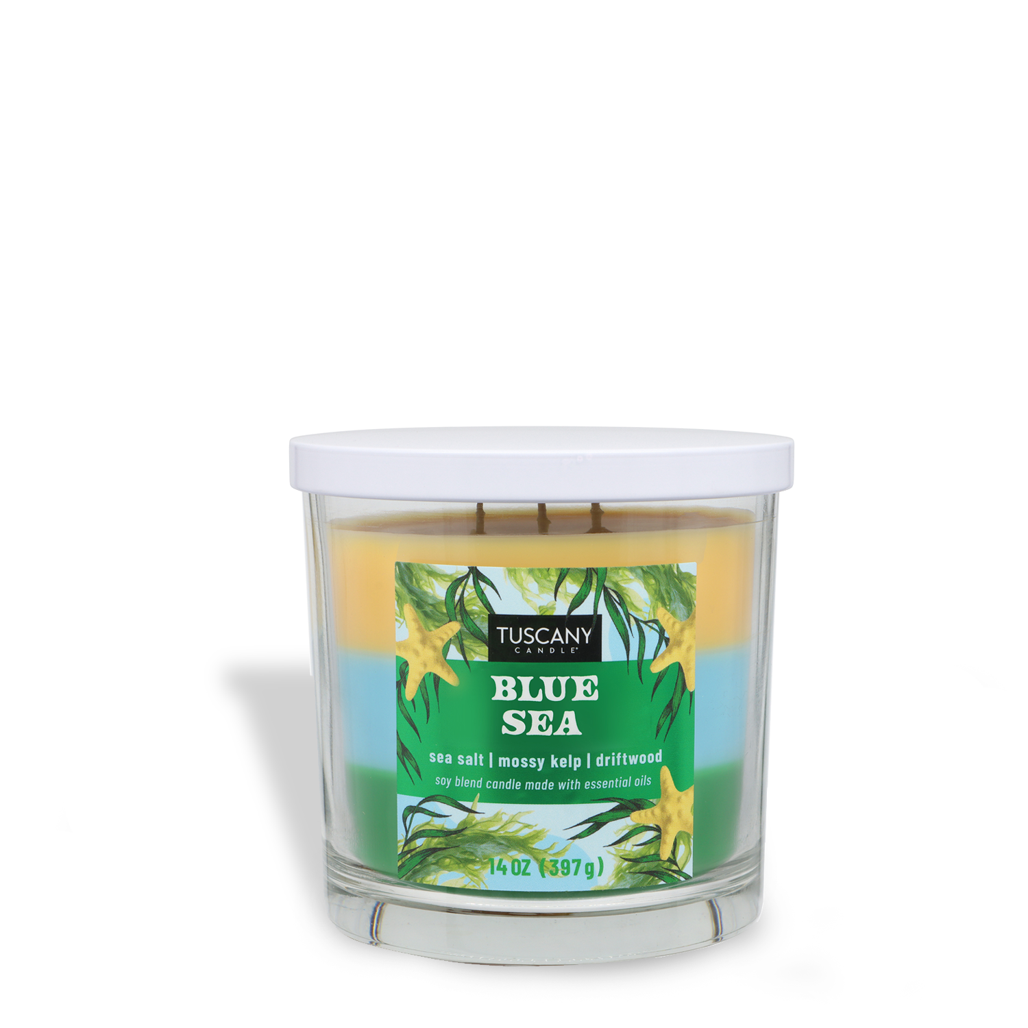 The Tuscany Candle® SEASONAL Blue Sea: Sea Salt & Kelp Scented Spring Candle (14 oz) features blue, yellow, and green layers in a glass jar with a white lid, offering a coastal design and ocean-inspired fragrance.