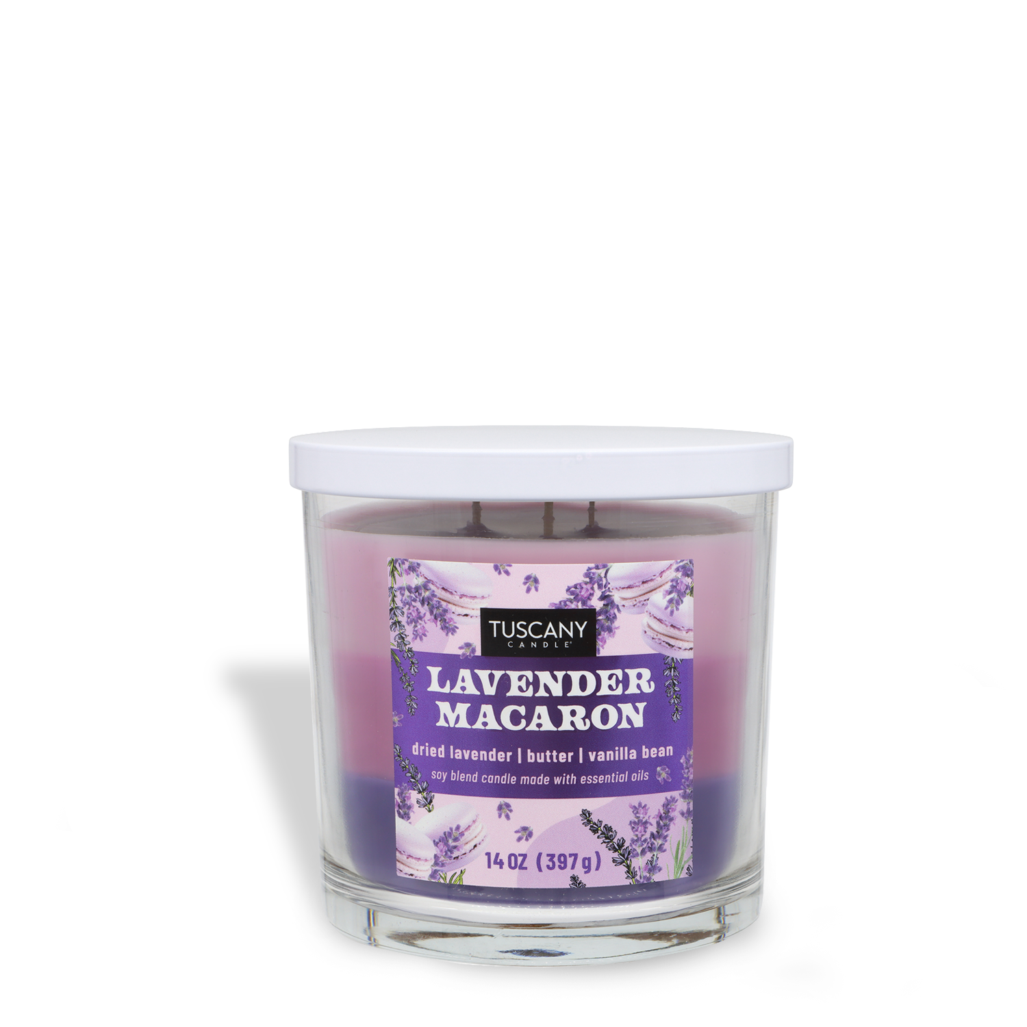 The 14 oz Tuscany Candle® SEASONAL Lavender Macaron: Vanilla Bean & Sugar Scented Spring Candle features a soy wax blend in a glass jar with a white lid, offering fresh spring fragrance notes of vanilla bean and sugar.
