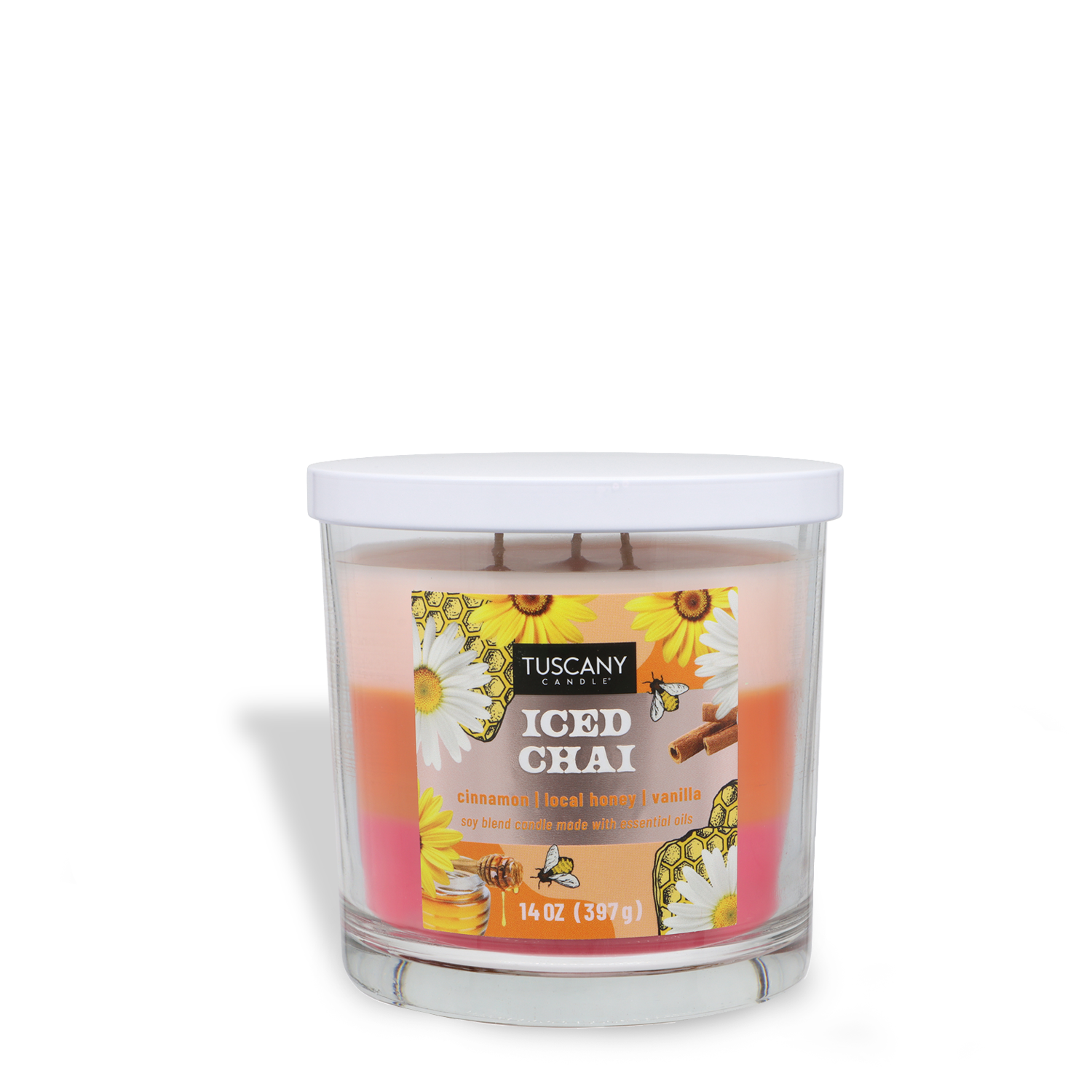 The Tuscany Candle® SEASONAL Iced Chai: Cardamon & Honey Scented Spring Candle (14 oz) fills any room with cinnamon, local honey, and vanilla aromas. Features a clear glass jar, white lid, and floral label—perfect for spring.