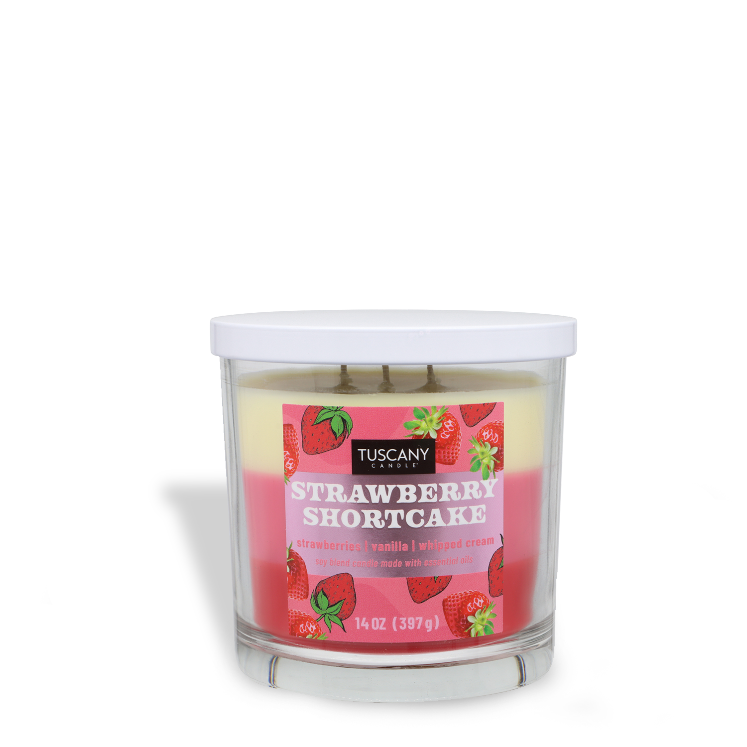 Tuscany Candle® SEASONAL's "Strawberry Shortcake: Vanilla & Whipped Cream Scented Spring Candle" (14 oz) features pink, white, and yellow layers in a clear glass jar with a white lid—ideal for adding spring freshness to your home.