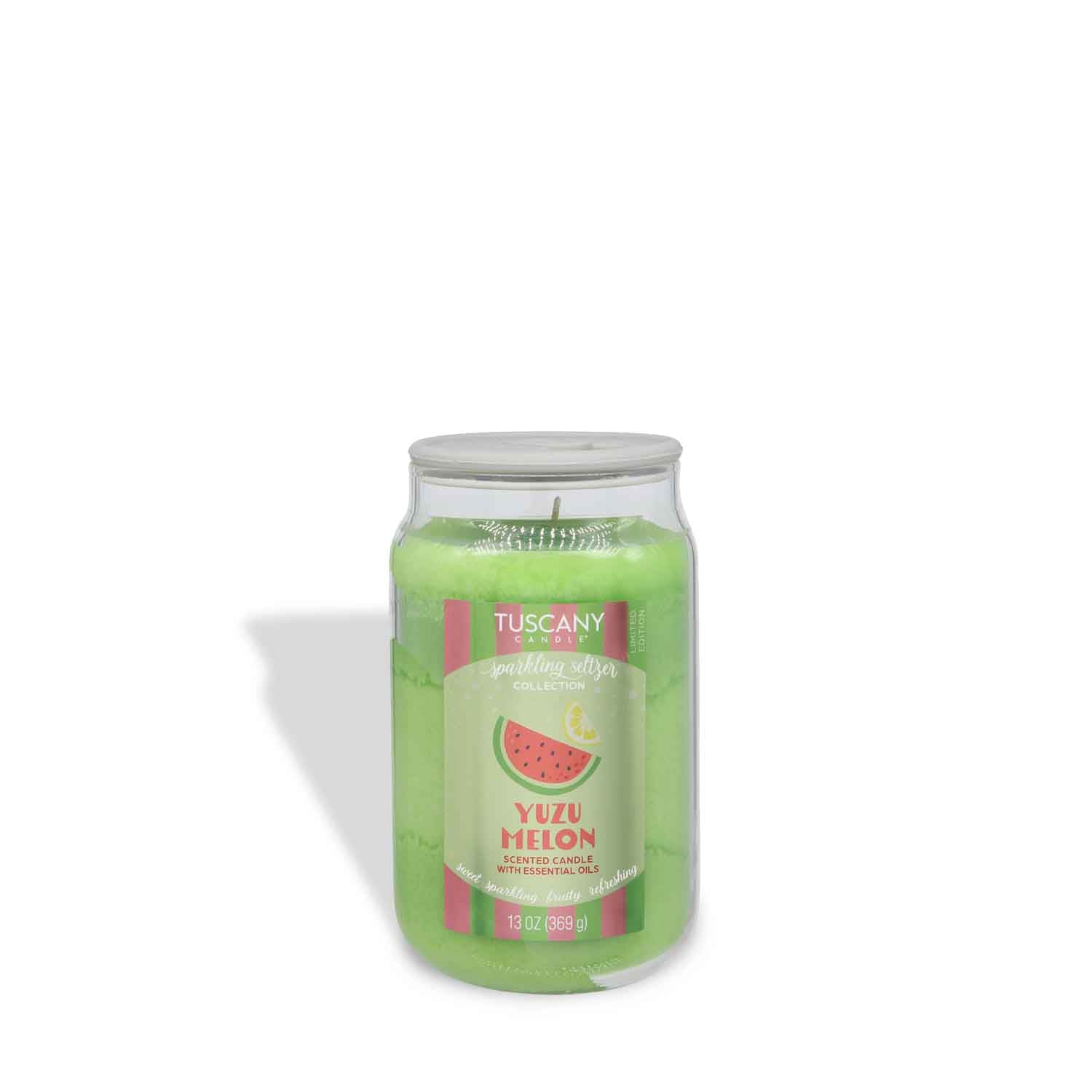 A 13 oz Tuscany Candle® SEASONAL jar candle labeled "Yuzu Melon: Sparkling Seltzer Scented Summer Candle," featuring a watermelon graphic, shown on a white background.