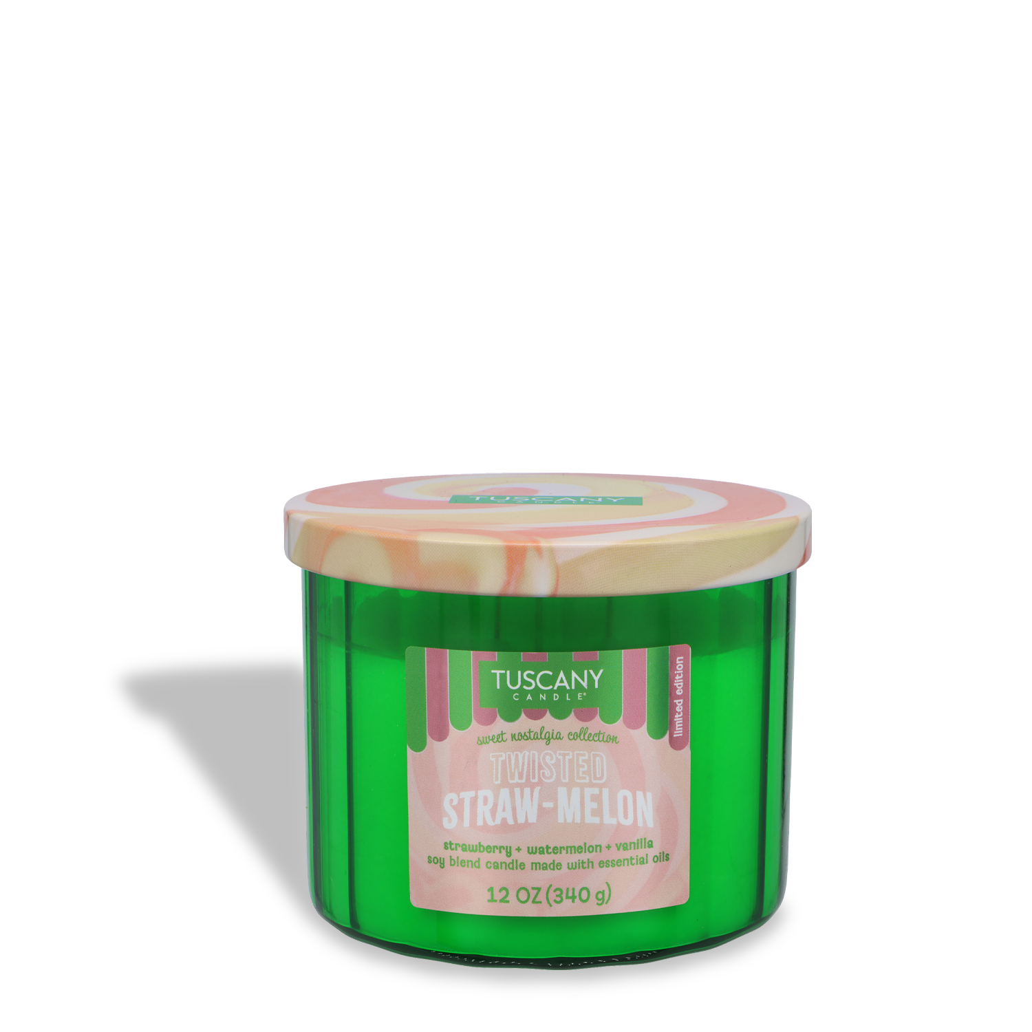 The Tuscany Candle® SEASONAL Twisted Straw-Melon: Strawberry & Watermelon Scented Summer Candle (12 oz) features a refreshing blend of strawberry, watermelon, and vanilla in a green jar with pink and yellow lid.