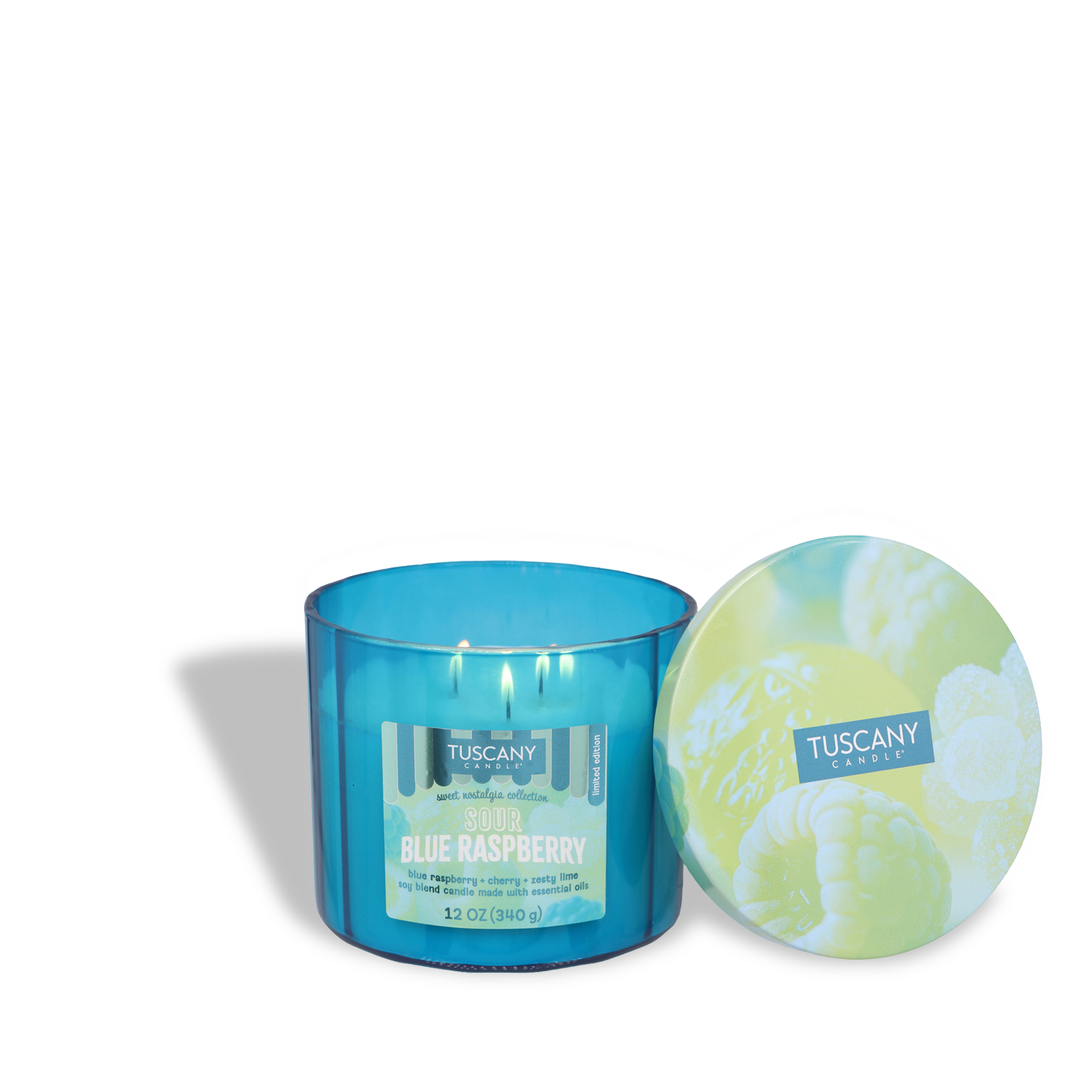 The Tuscany Candle® SEASONAL Sour Blue Raspberry: Cherry & Lime Scented Summer Candle (12 oz) features three wicks and a raspberry-themed lid placed to the right, making it a vibrant summer addition to any space.