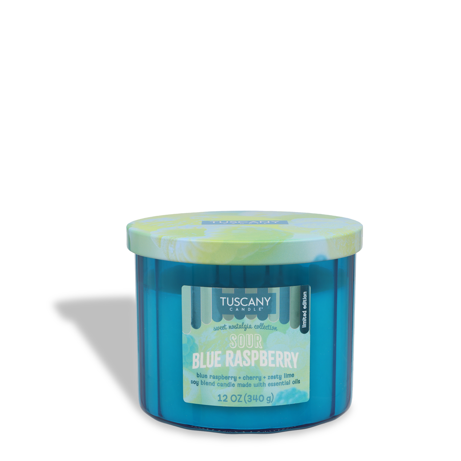 The Tuscany Candle® SEASONAL Sour Blue Raspberry: Cherry & Lime Scented Summer Candle (12 oz) features a blue jar with lid and scent notes of blue raspberry, cherry, and zesty lime—ideal for summer fragrance lovers.