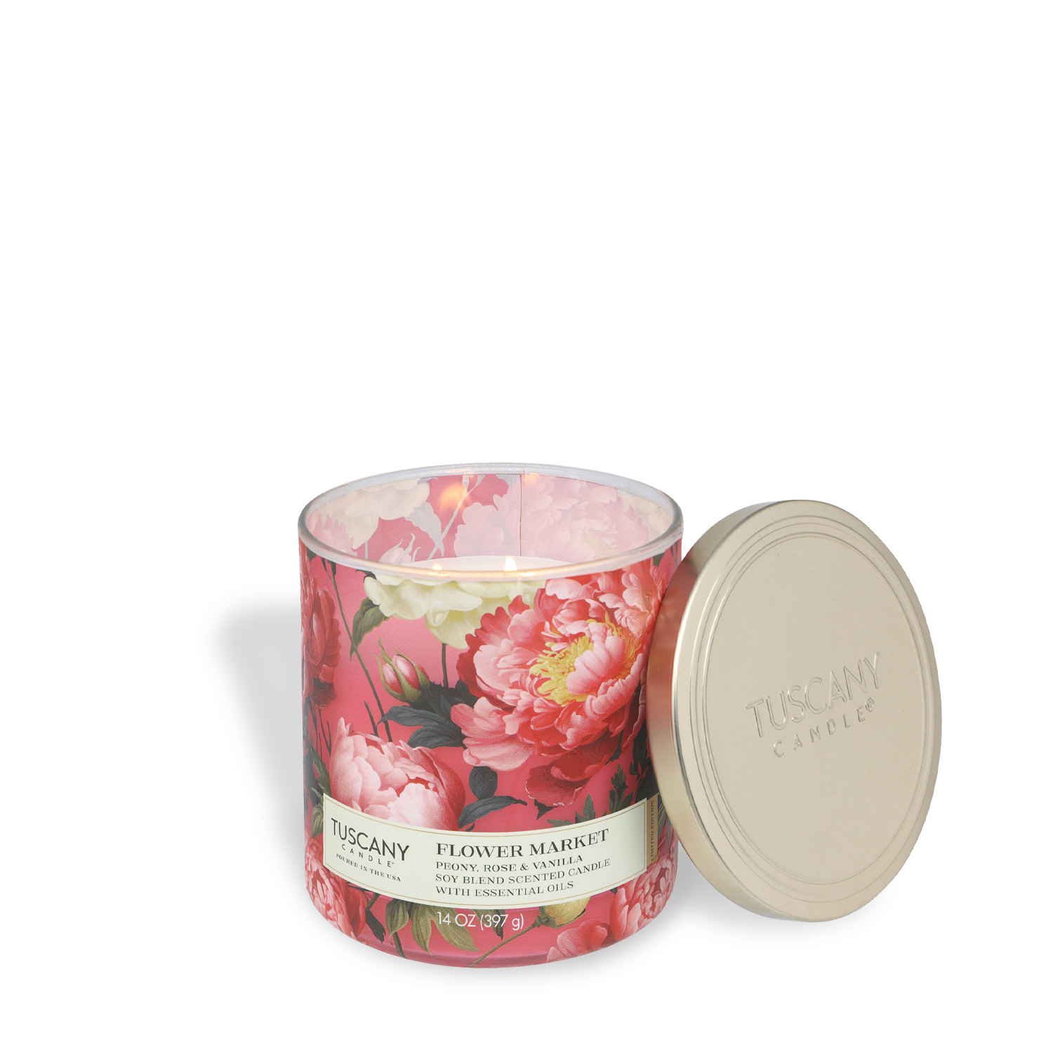 The Tuscany Candle® SEASONAL "Flower Market: Peony & Rose Scented Spring Candle" (14 oz) from the Dreamy Destinations Collection offers a floral aroma reminiscent of a blooming garden.