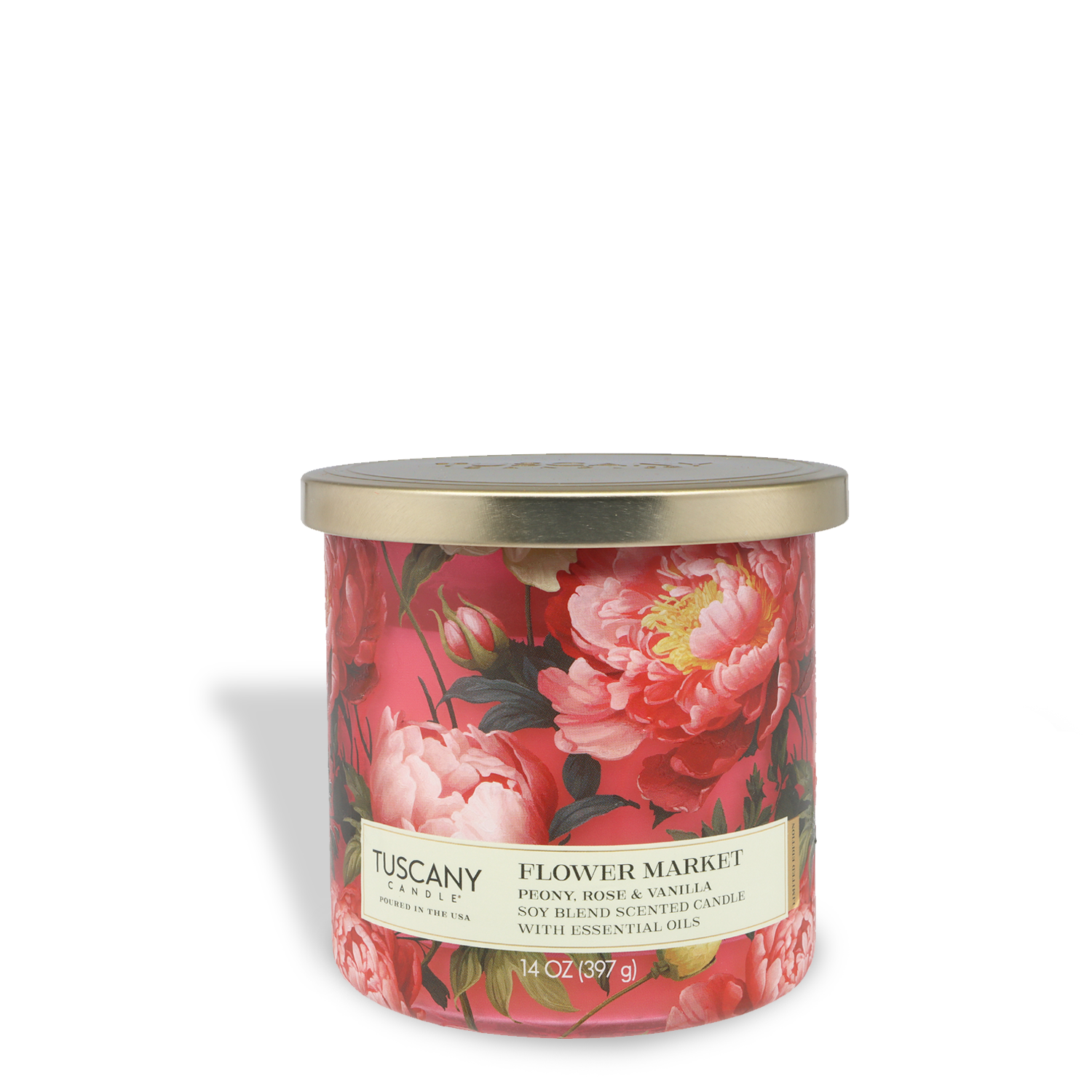 The Tuscany Candle® SEASONAL "Flower Market: Peony & Rose Scented Spring Candle" (14 oz) from the Dreamy Destinations Collection features floral notes of peony, rose, and mandarin in a floral jar with a gold lid—perfect for spring.