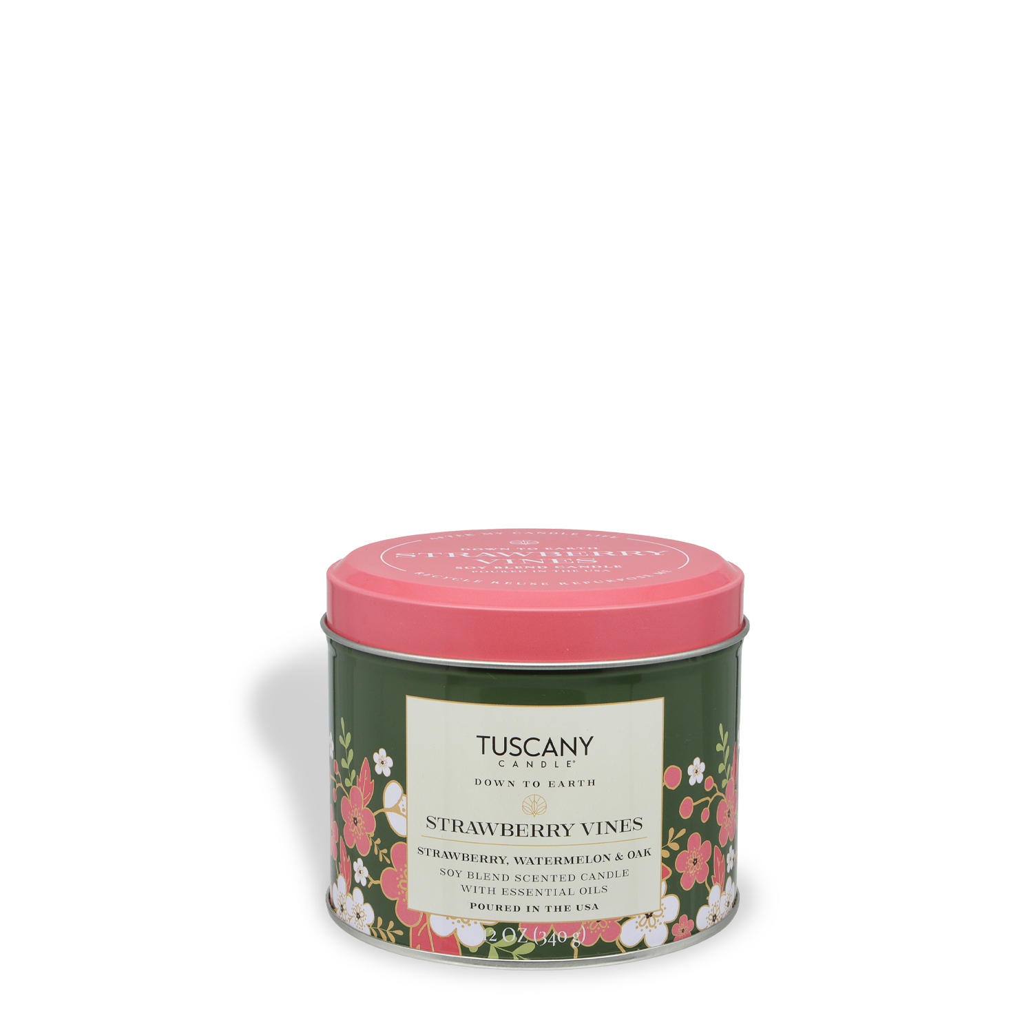 The Tuscany Candle® SEASONAL Down to Earth Collection 12oz tin candle, Strawberry Vines: Watermelon & Oak scent, features a floral design on green with a pink lid and brings fresh spring vibes to any space.