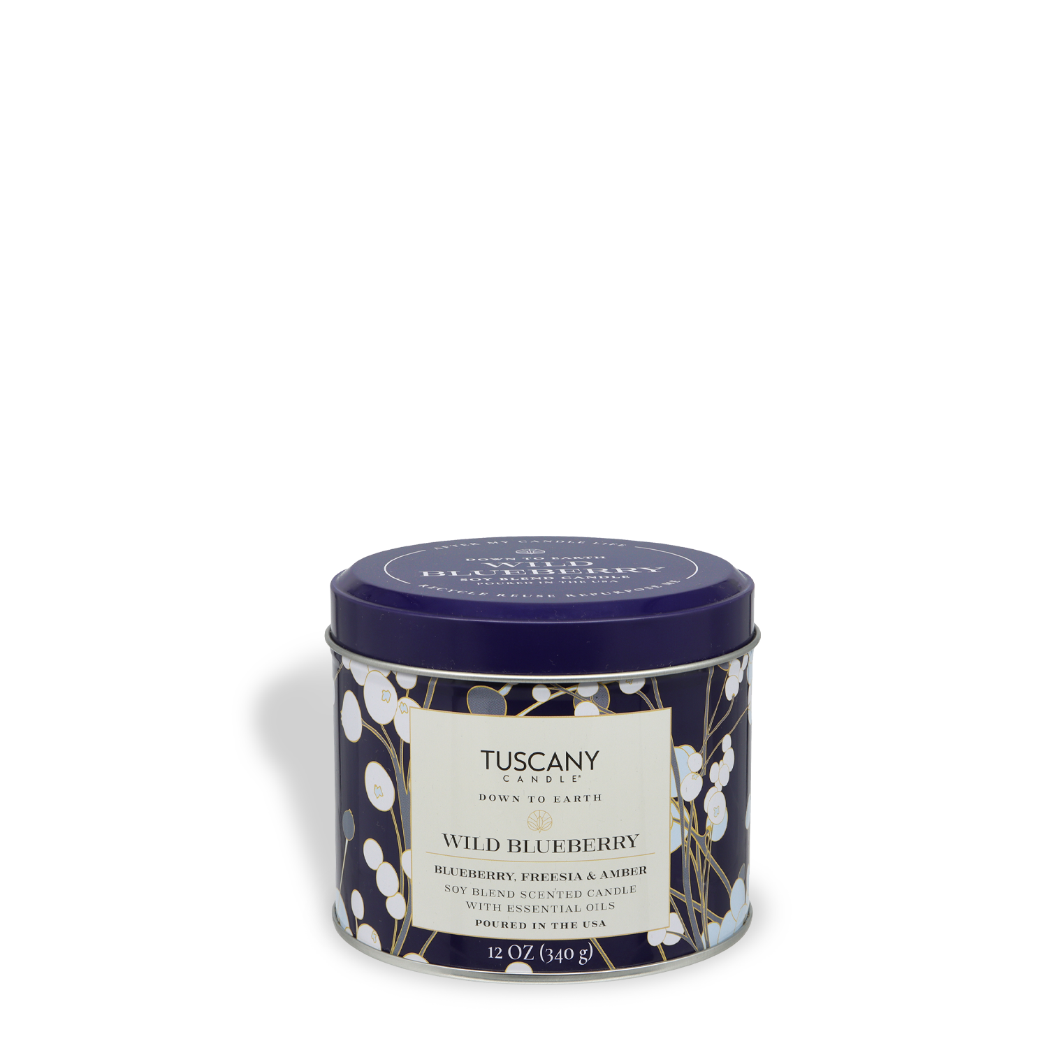 The Tuscany Candle® SEASONAL Wild Blueberry: Freesia & Amber Scented Spring Tin Candle (12 oz) from the Down to Earth Collection features a floral design and dark blue lid—a perfect spring scent for any space.