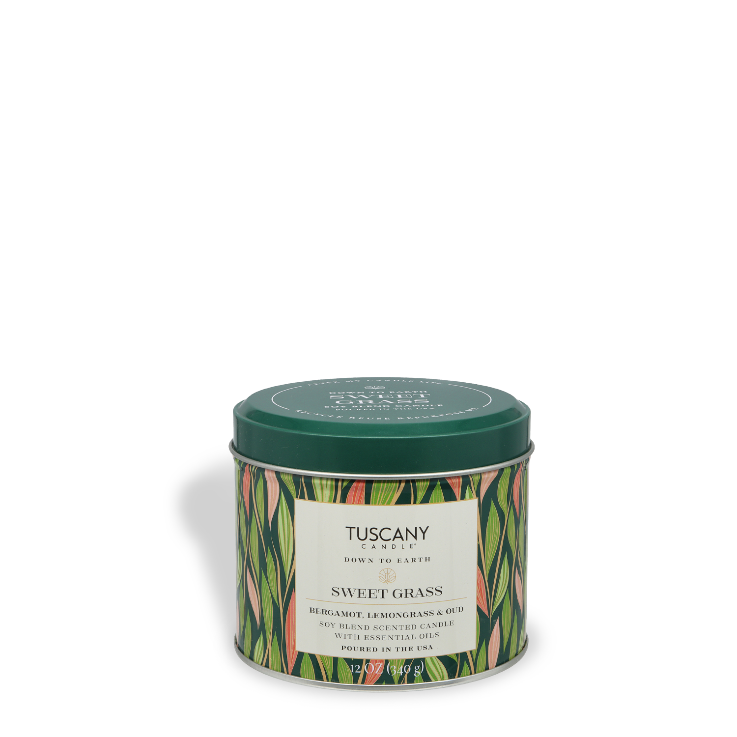 A green tin candle from Tuscany Candle® SEASONAL's Down to Earth Collection, "Sweet Grass: Bergamot & Oud," features a spring-inspired grass pattern—perfect as a botanical-scented accent for the season (12 oz).