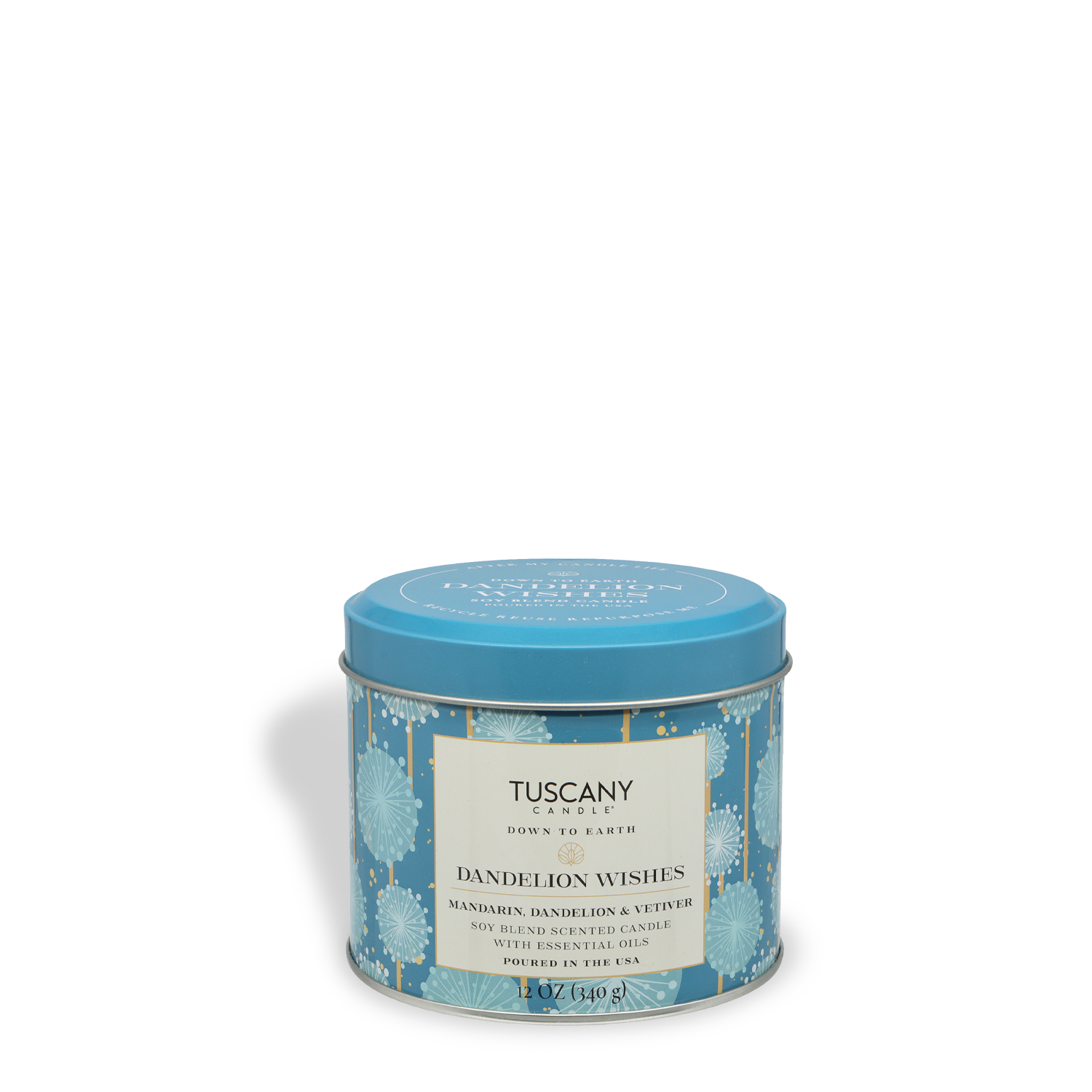 A round blue tin from Tuscany Candle® SEASONAL’s Down to Earth Collection, featuring a dandelion pattern and holding a 12 oz Mandarin & Vetiver soy blend candle, labeled "Dandelion Wishes: Mandarin & Vetiver.