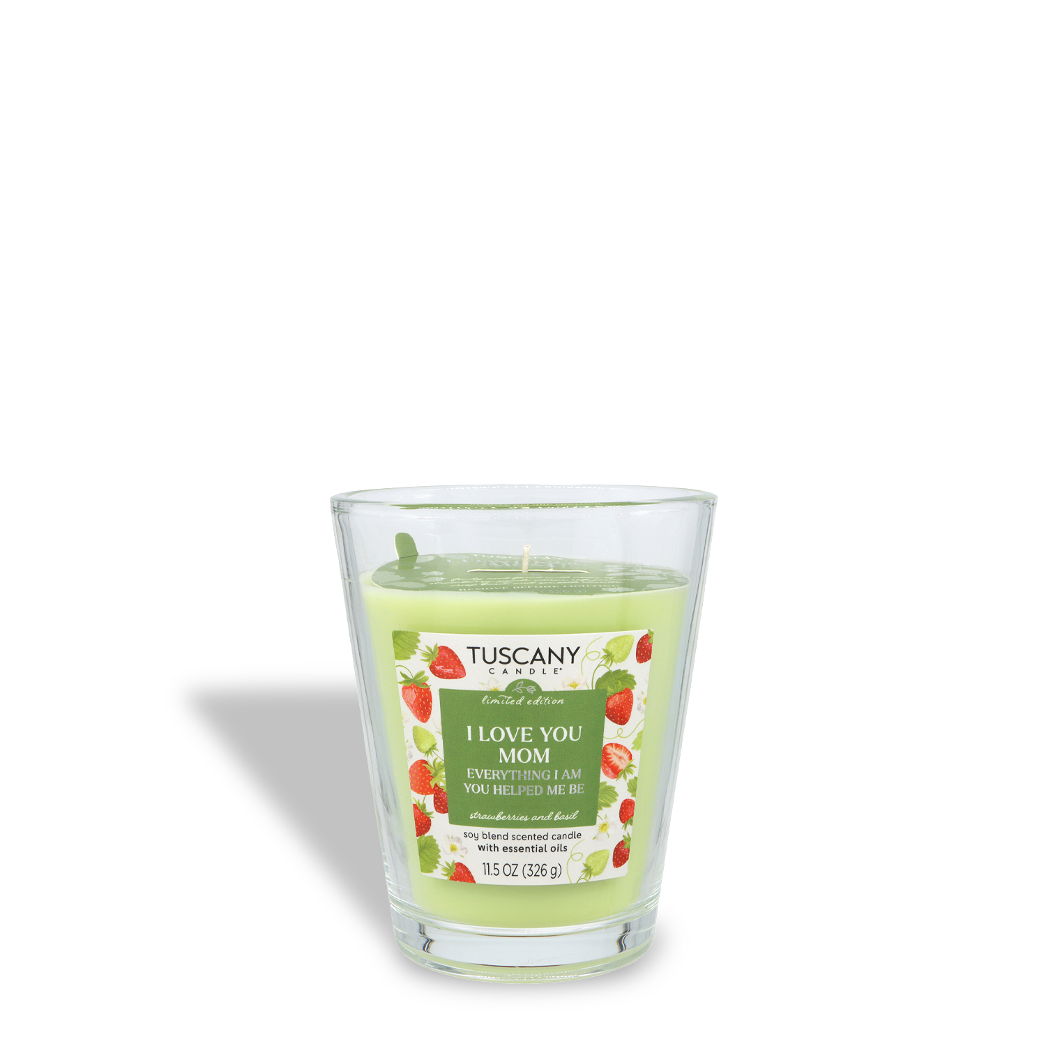 The Tuscany Candle® SEASONAL "I Love You Mom: Strawberries & Basil Scented Spring Candle" (11.5 oz) features a clear glass jar and strawberry-themed label—an ideal Mother's Day gift.