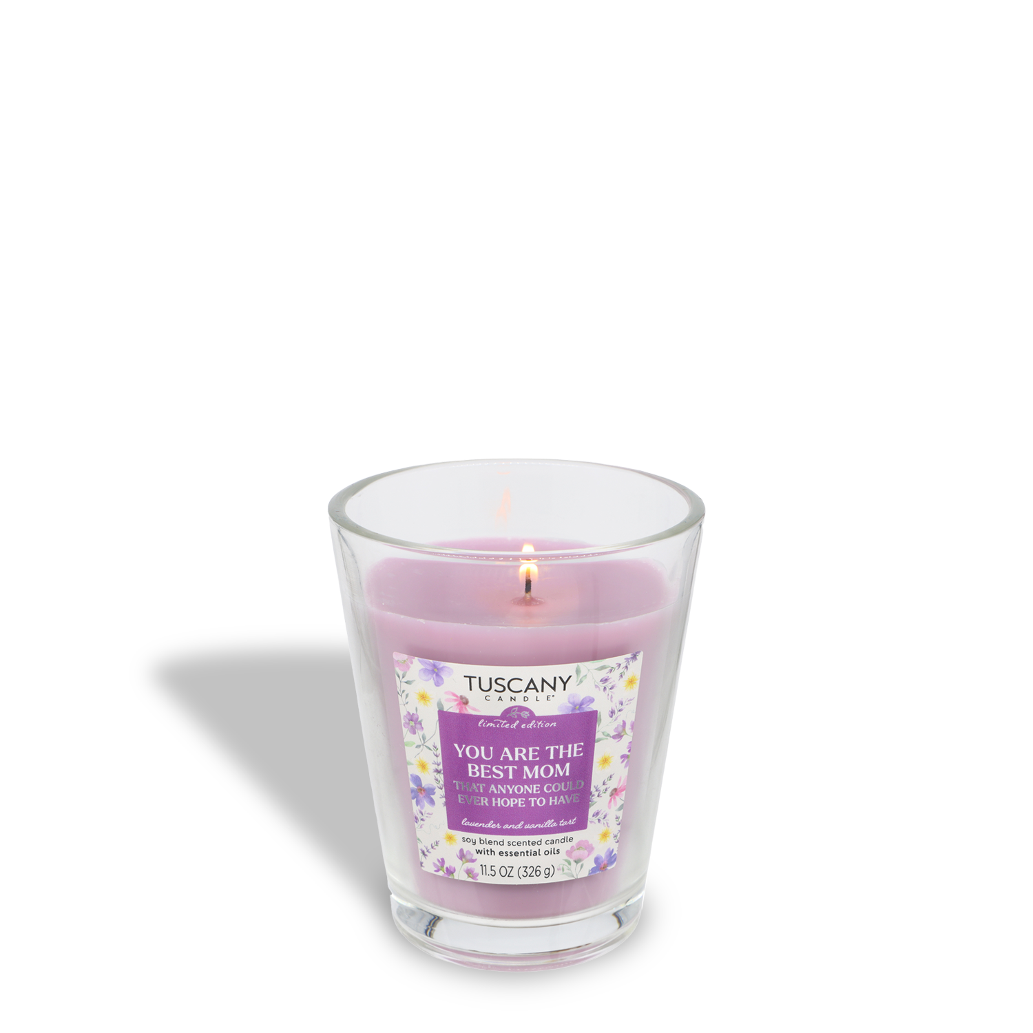The Tuscany Candle® SEASONAL You Are The Best Mom: Lavender & Vanilla Tart Scented Spring Candle (11.5 oz) features a purple hue, clear glass holder, and floral label—an ideal Mother’s Day gift.