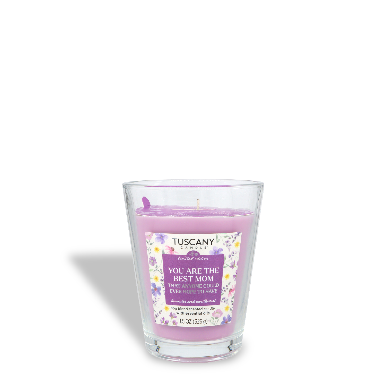 The Tuscany Candle® SEASONAL "You Are The Best Mom" 11.5 oz glass jar candle features a lavender & vanilla tart scent and a floral label—an ideal Mother’s Day gift she’ll cherish.