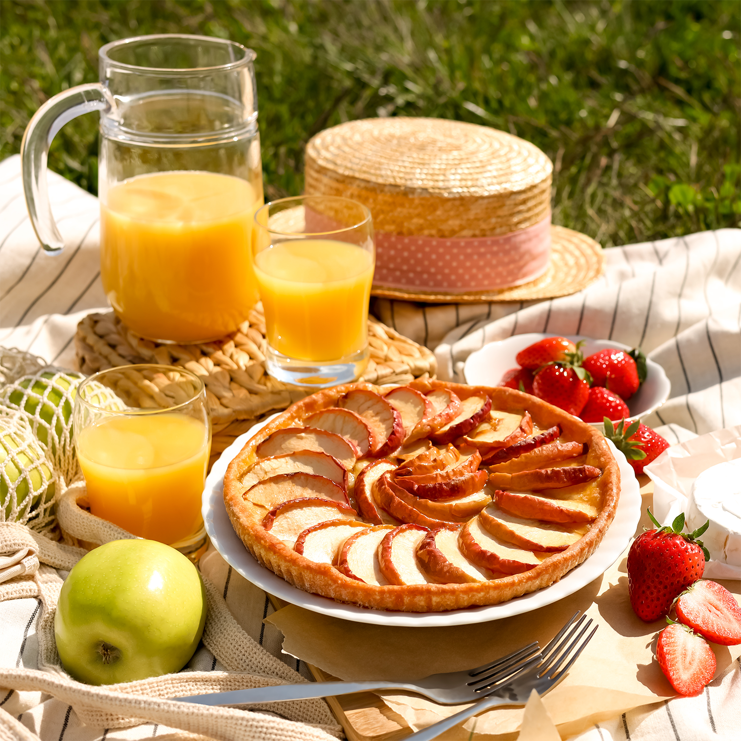 A picnic scene with apple tart, two glasses, a jug of orange juice, apples, strawberries, cheese, a hat, and the Tuscany Candle® SEASONAL Freedom: Apple Pie Scented Summer Candle (14 oz) arranged on a striped cloth outdoors.