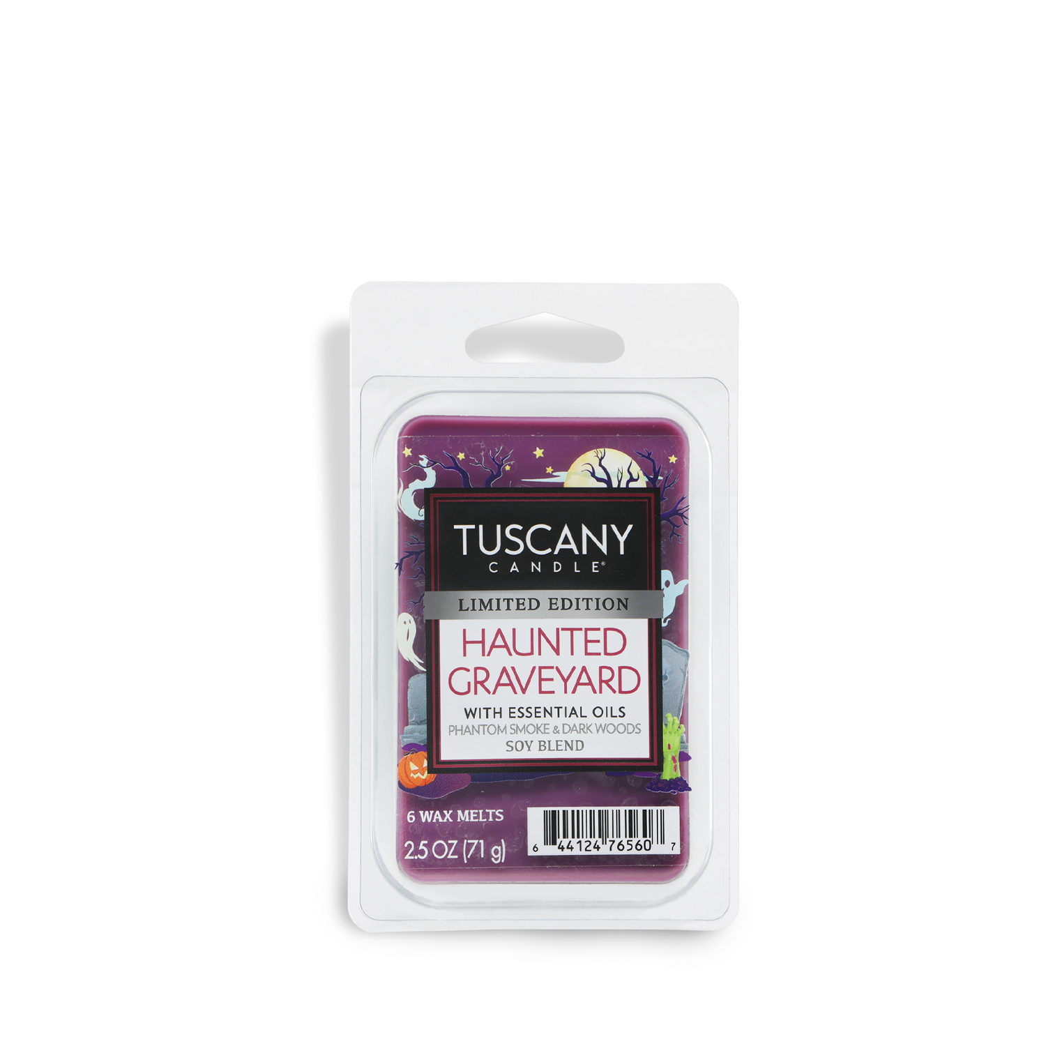 Tuscany Candle® SEASONAL Haunted Graveyard: Phantom Smoke & Dark Woods Scented Halloween Wax Melt (2.5 oz) comes in plastic packaging with Halloween-themed graphics, marked as a limited edition and made with essential oils.