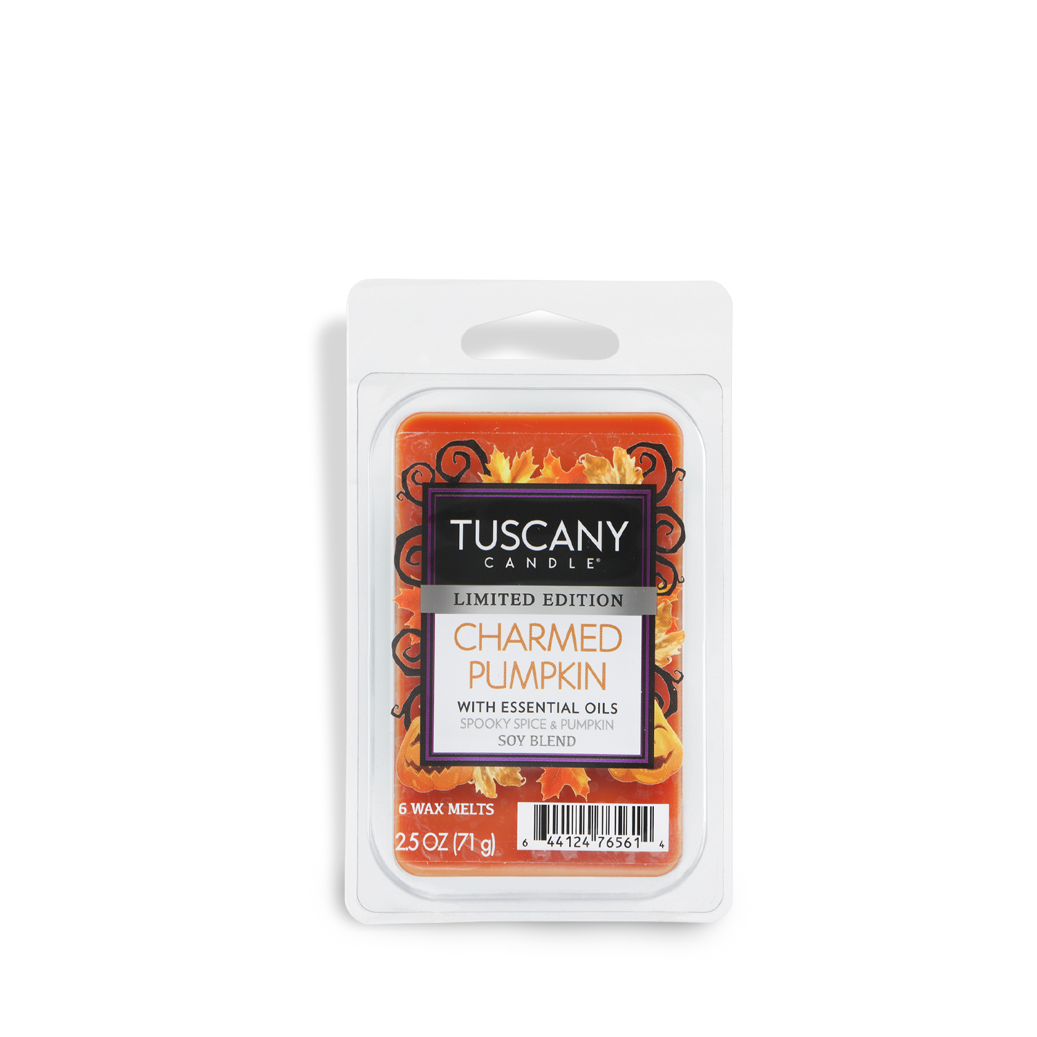 A 2.5 oz package of Tuscany Candle® SEASONAL Charmed Pumpkin: Spooky Spice & Pumpkin Scented Halloween Wax Melt, a limited edition with essential oils, contains six orange wax melts.