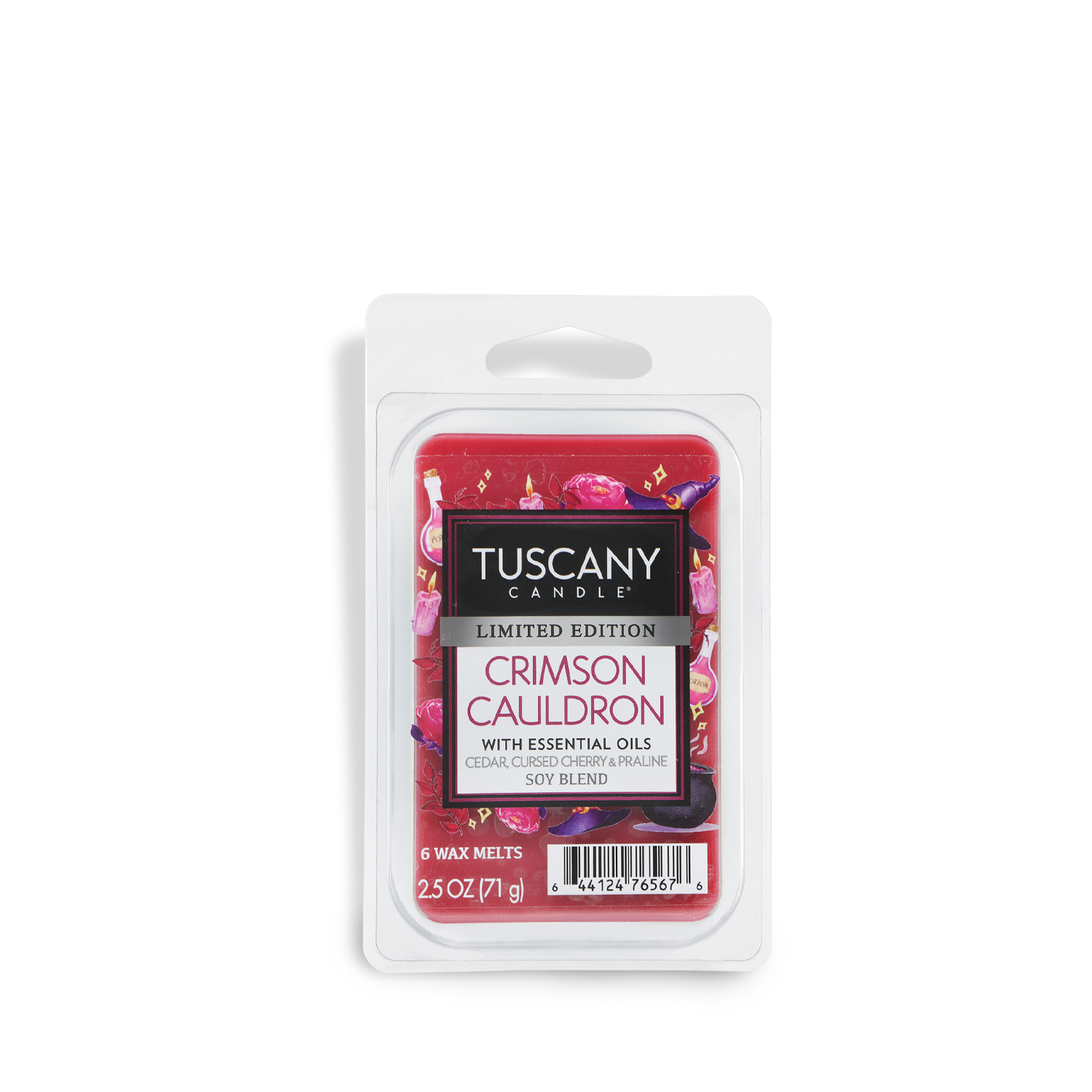 A 2.5 oz package of Tuscany Candle® SEASONAL Crimson Cauldron: Cedar & Cursed Cherry Scented Halloween Wax Melt, limited edition, featuring red wax and infused with essential oils.