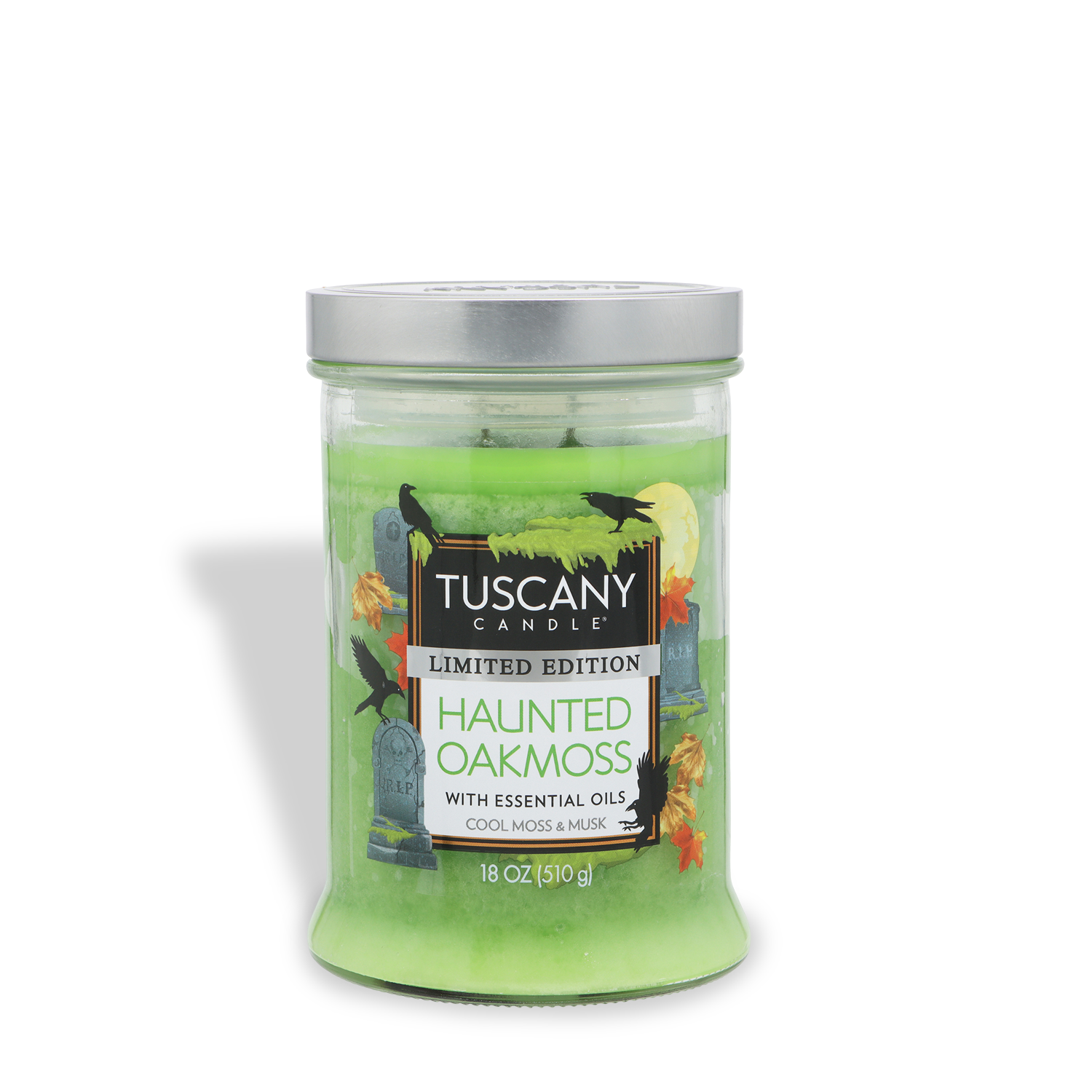 A green Tuscany Candle® SEASONAL “Haunted Oakmoss: Cool Moss & Musk Scented Halloween Candle” (18 oz) in a clear glass jar with a silver lid, featuring Halloween-themed graphics and essential oil scent notes of cool moss and musk.