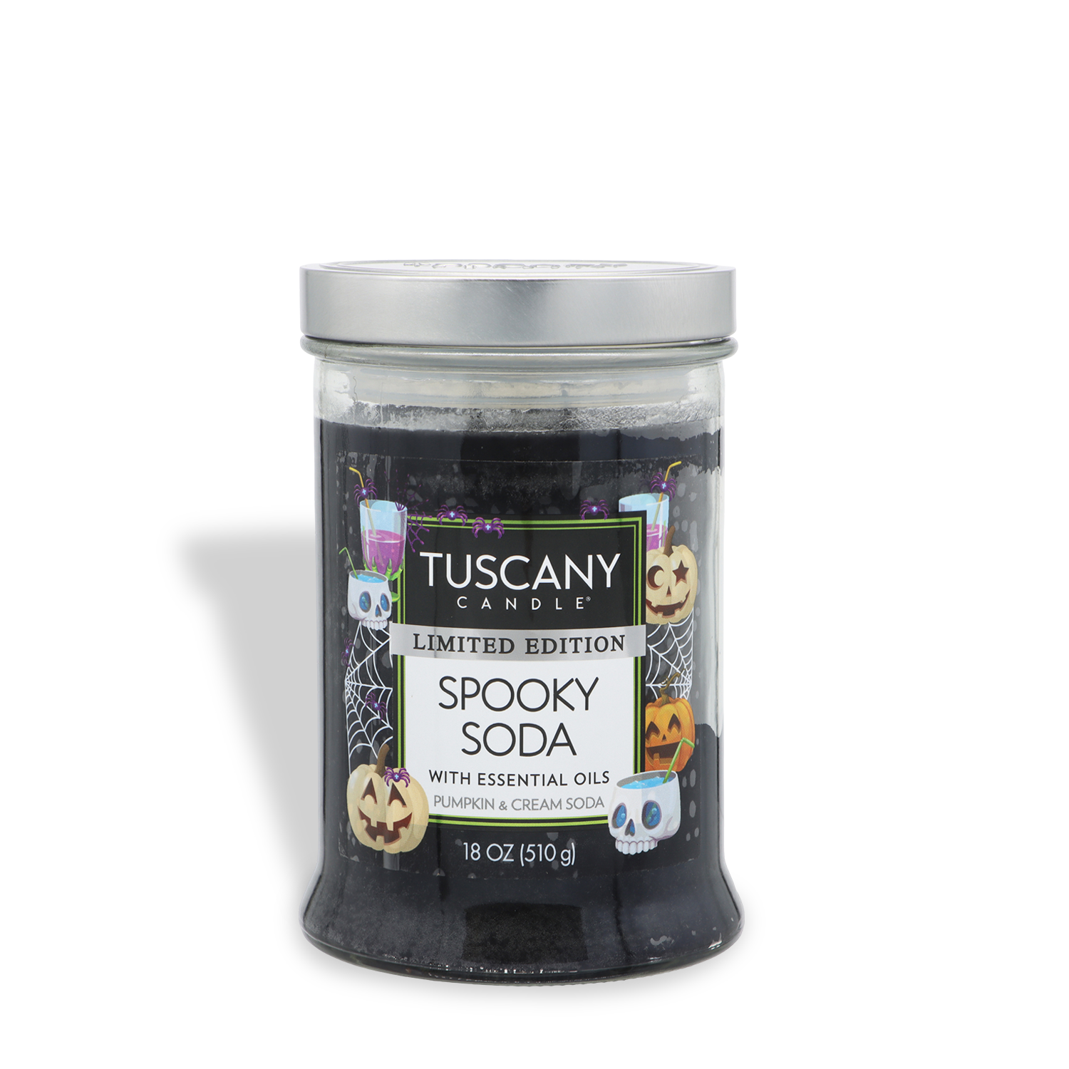 A Tuscany Candle® SEASONAL “Spooky Soda: Pumpkin & Cream Soda Scented Halloween Candle,” 18 oz, featuring Halloween-themed graphics.