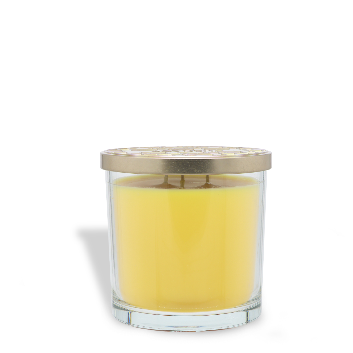 The Monster Bites: Caramel Kettlecorn Scented Halloween Candle (14 oz) by Tuscany Candle® SEASONAL is a yellow candle presented in a clear glass jar with a metallic lid, displayed against a white background.