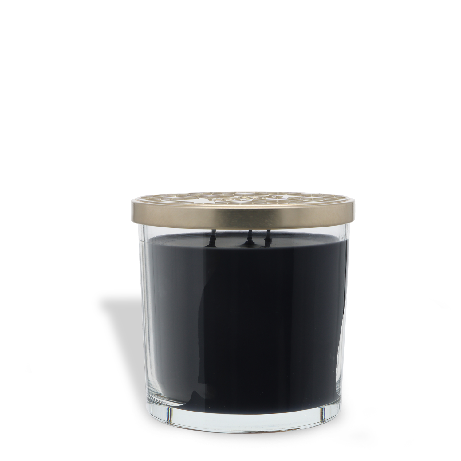 The Enchanted Embers: Apple & Amber Scented Halloween Candle (14 oz) by Tuscany Candle® SEASONAL is displayed against a white background, featuring a black three-wick candle housed in a clear glass jar and topped with a metallic lid.