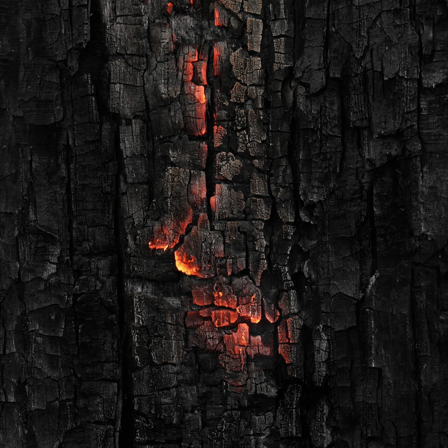 Close-up of the Enchanted Embers: Apple & Amber Scented Halloween Candle (14 oz) by Tuscany Candle® SEASONAL, capturing the textured, blackened surface and glowing orange embers reminiscent of charred wood, with visible cracks and subtle illumination.