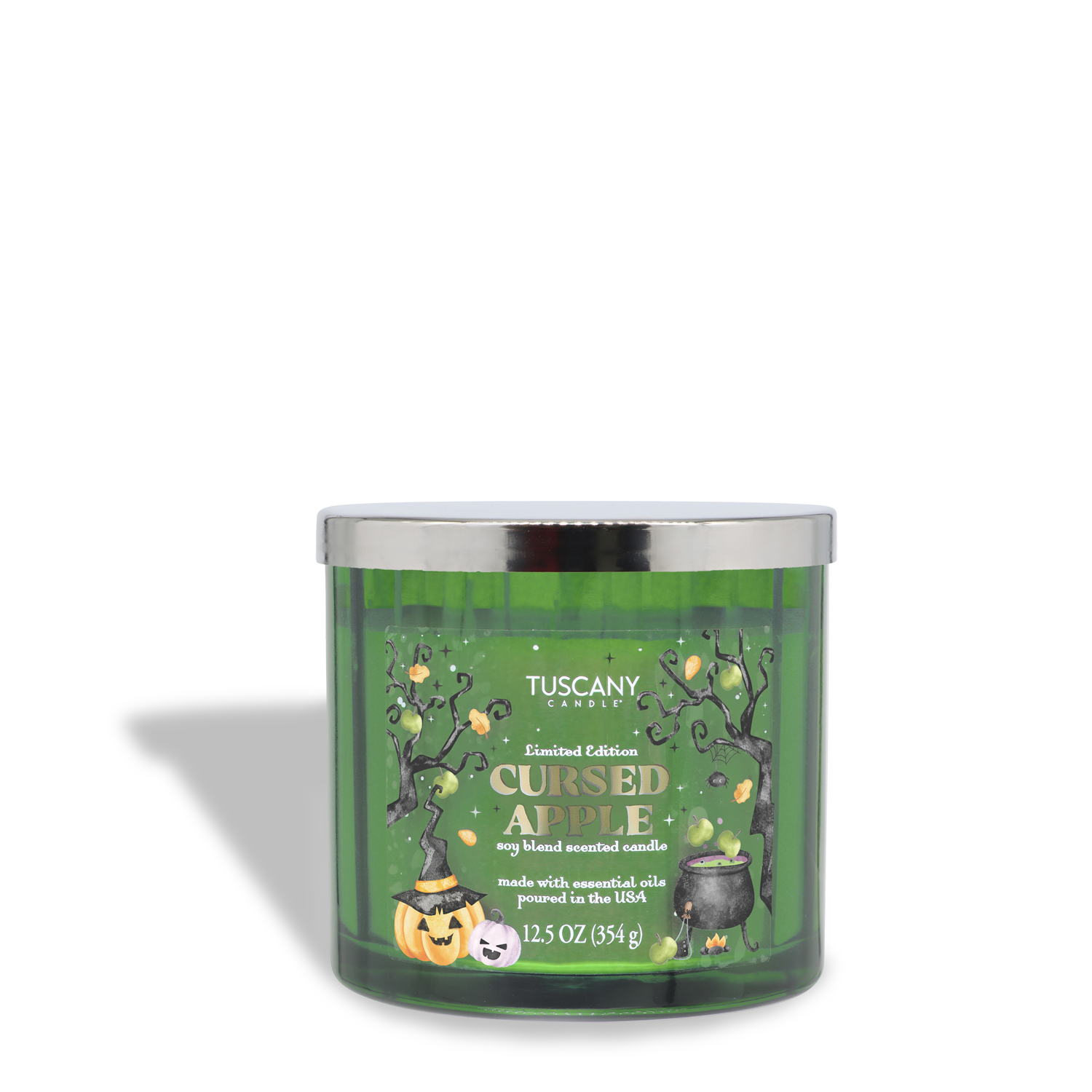 A 12.5 oz Tuscany Candle® SEASONAL “Cursed Apple: Nutty Caramel Apple Scented Halloween Candle,” featuring Halloween-themed graphics like a jack-o’-lantern and cauldron on a green glass jar with a silver lid.