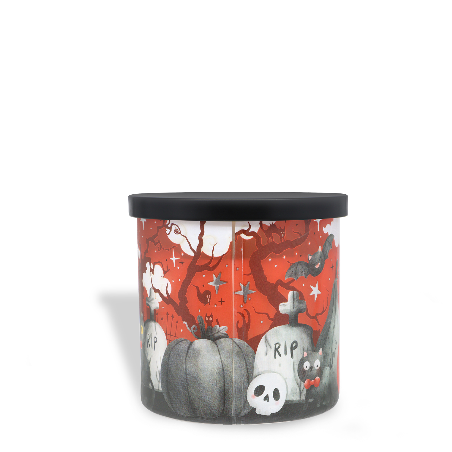 Introducing the Tuscany Candle® SEASONAL Fright Night: Wicked Berry Bite Scented Halloween Candle (14 oz), a round container with a black lid, decorated with Halloween-themed designs like gravestones, a skull, pumpkins, bats, and spooky clouds and stars on a red background.