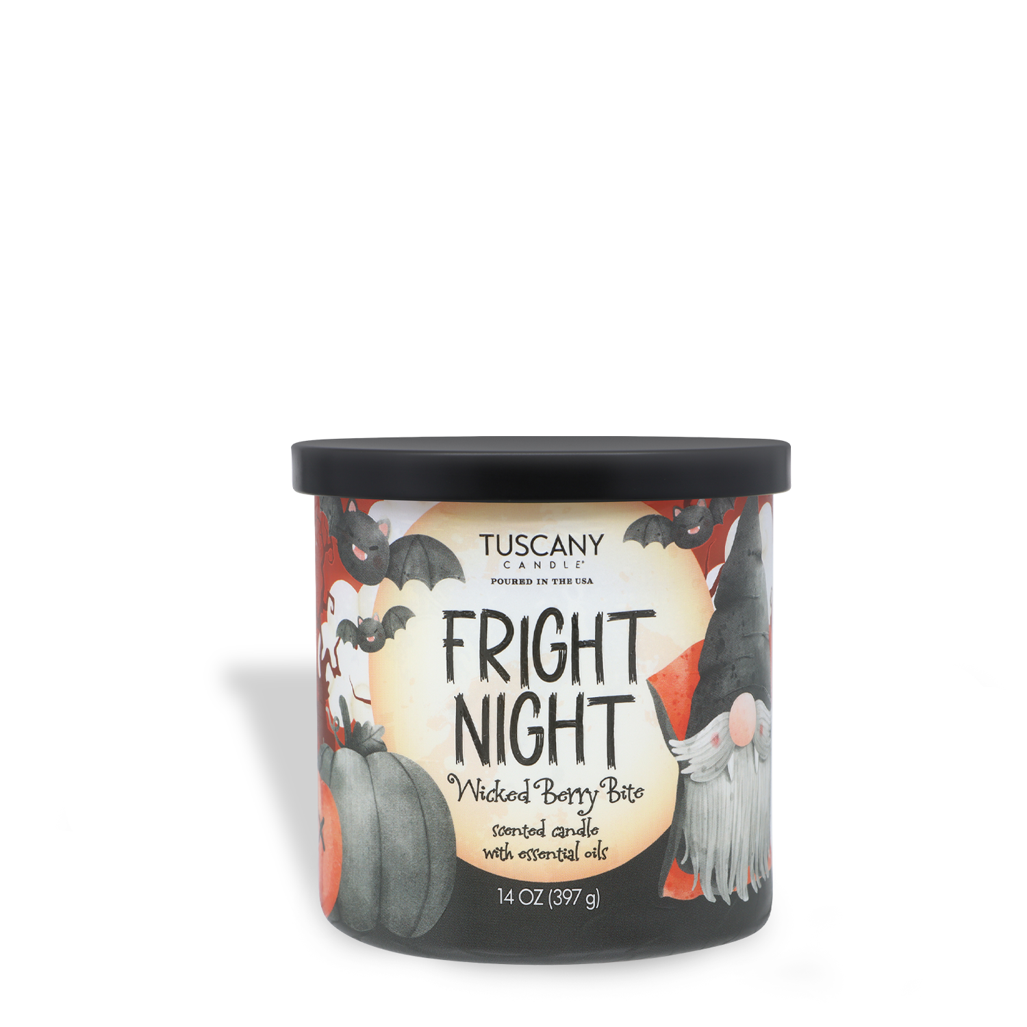 A 14 oz Tuscany Candle® SEASONAL “Fright Night: Wicked Berry Bite” scented Halloween candle, featuring festive container graphics with pumpkins, bats, and a gnome.