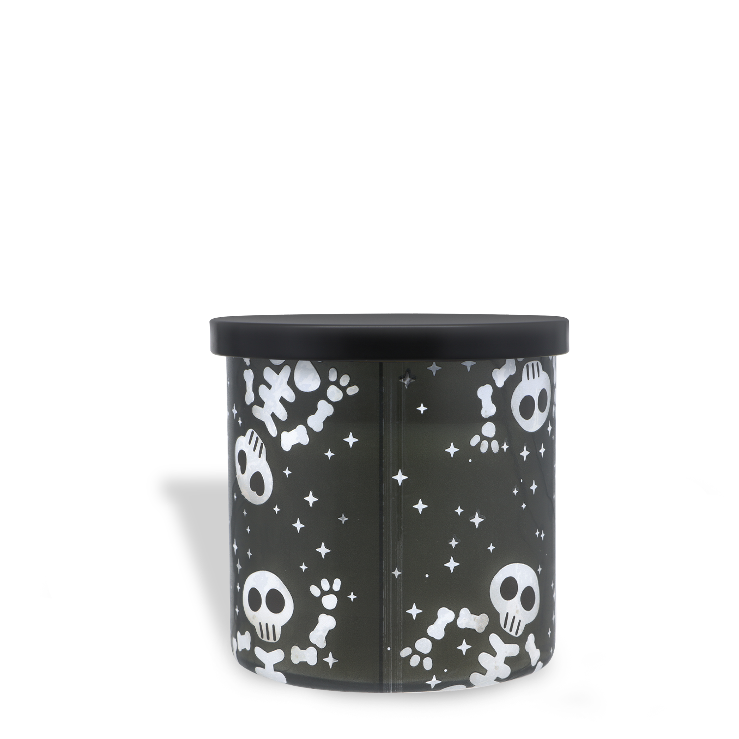 Spooky Vibes: Bonfire Skeletons Scented Halloween Candle (14 oz) by Tuscany Candle® SEASONAL comes in a black cylindrical container with a matching black lid, featuring white skull, bone, and star designs along the sides.