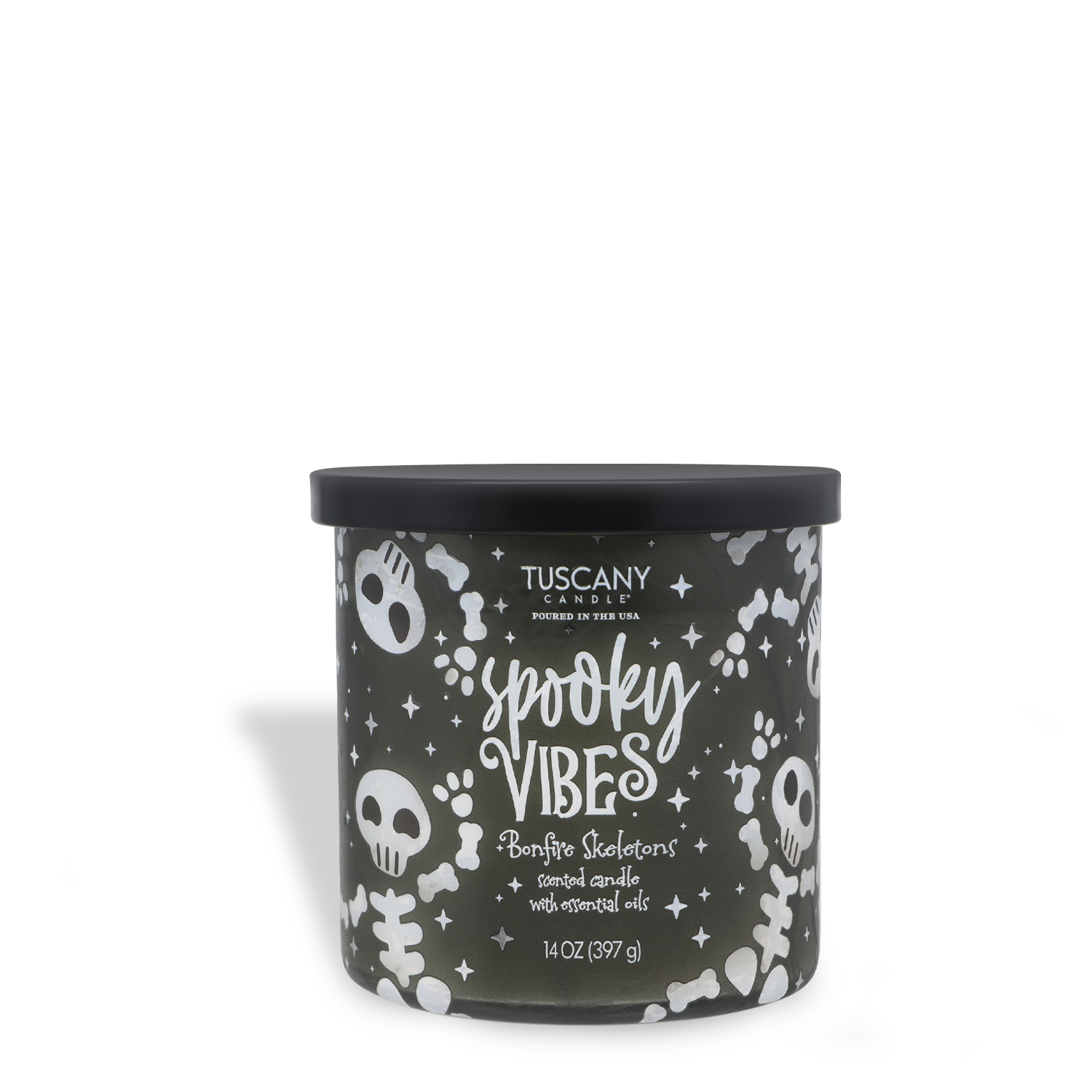A 14 oz Tuscany Candle® SEASONAL labeled “Spooky Vibes: Bonfire Skeletons Scented Halloween Candle,” featuring a black jar with white skeleton and bone designs; infused with essential oils.