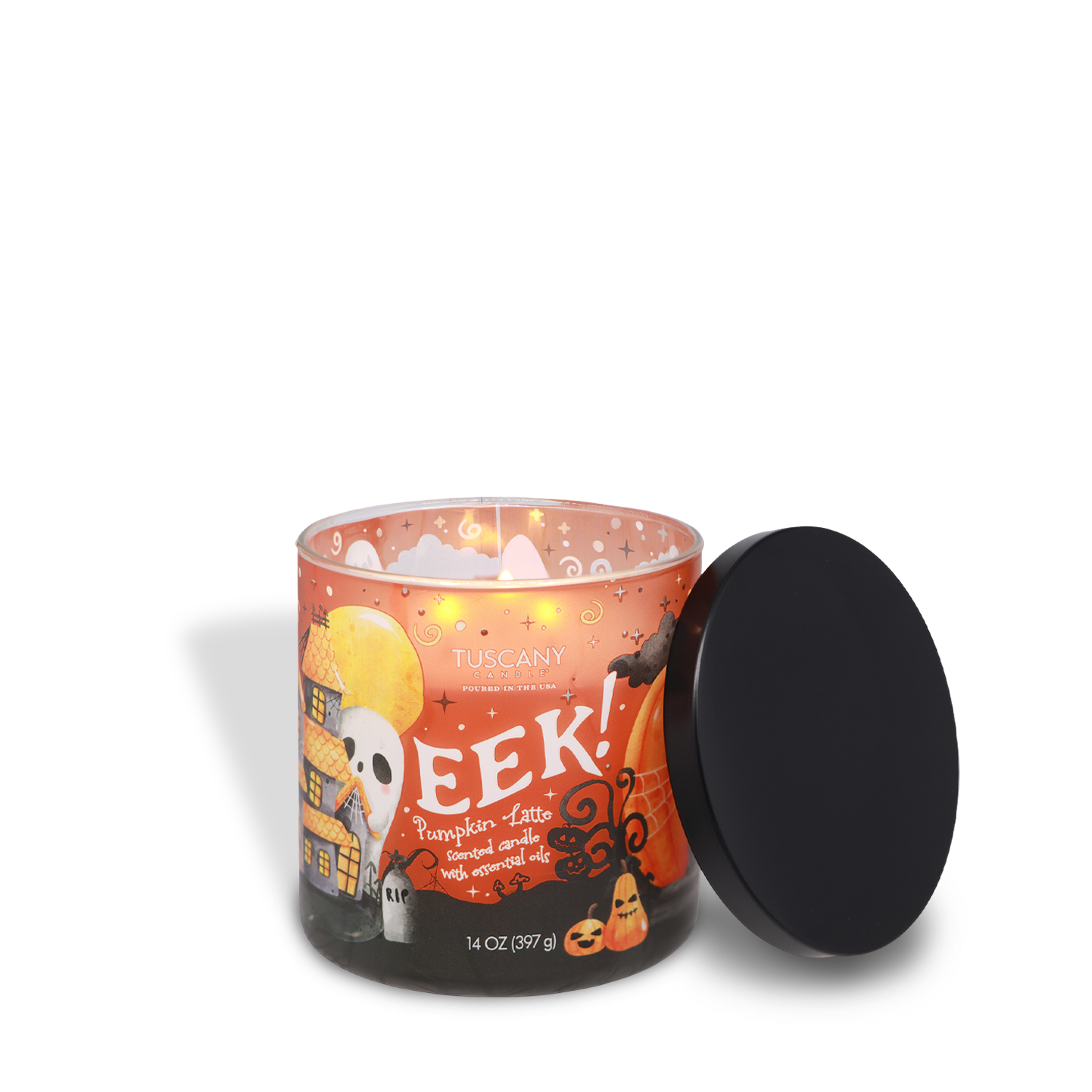 A lit Tuscany Candle® SEASONAL Eek: Pumpkin Latte Scented Halloween Candle (14 oz) in an orange glass jar decorated with Halloween-themed designs, with a black lid resting beside it.