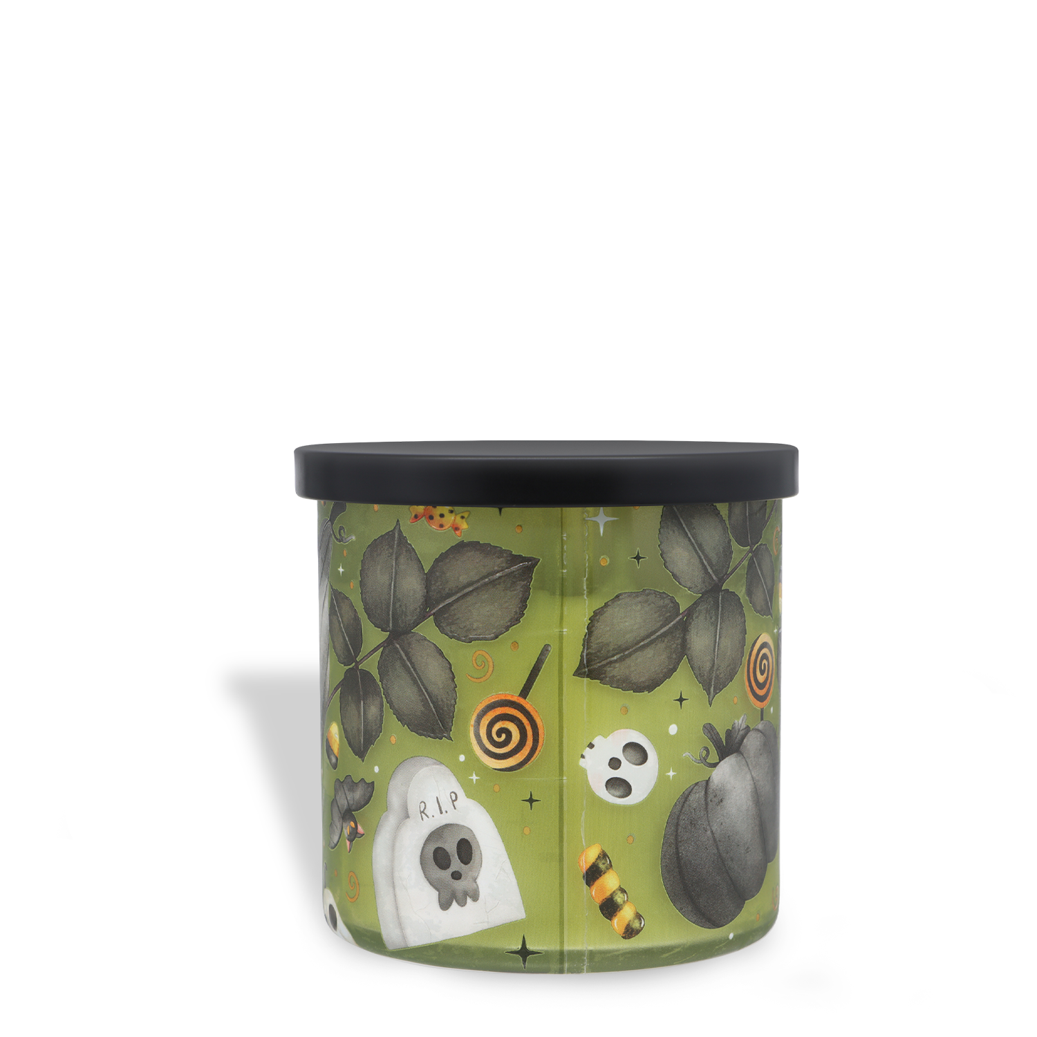 The Tuscany Candle® SEASONAL “Beware: Graveyard Leaves” Scented Halloween Candle (14 oz) comes in a green jar with a black lid and features Halloween-themed illustrations such as leaves, tombstones, skulls, pumpkins, candy, and paw prints.