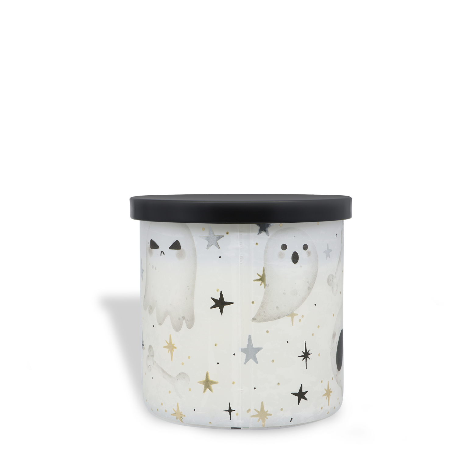 A round container of Tuscany Candle® SEASONAL’s Boo: Whipped Vanilla Scented Halloween Candle (14 oz) features a black lid and a light background adorned with illustrated ghosts and gold, silver, and black stars.