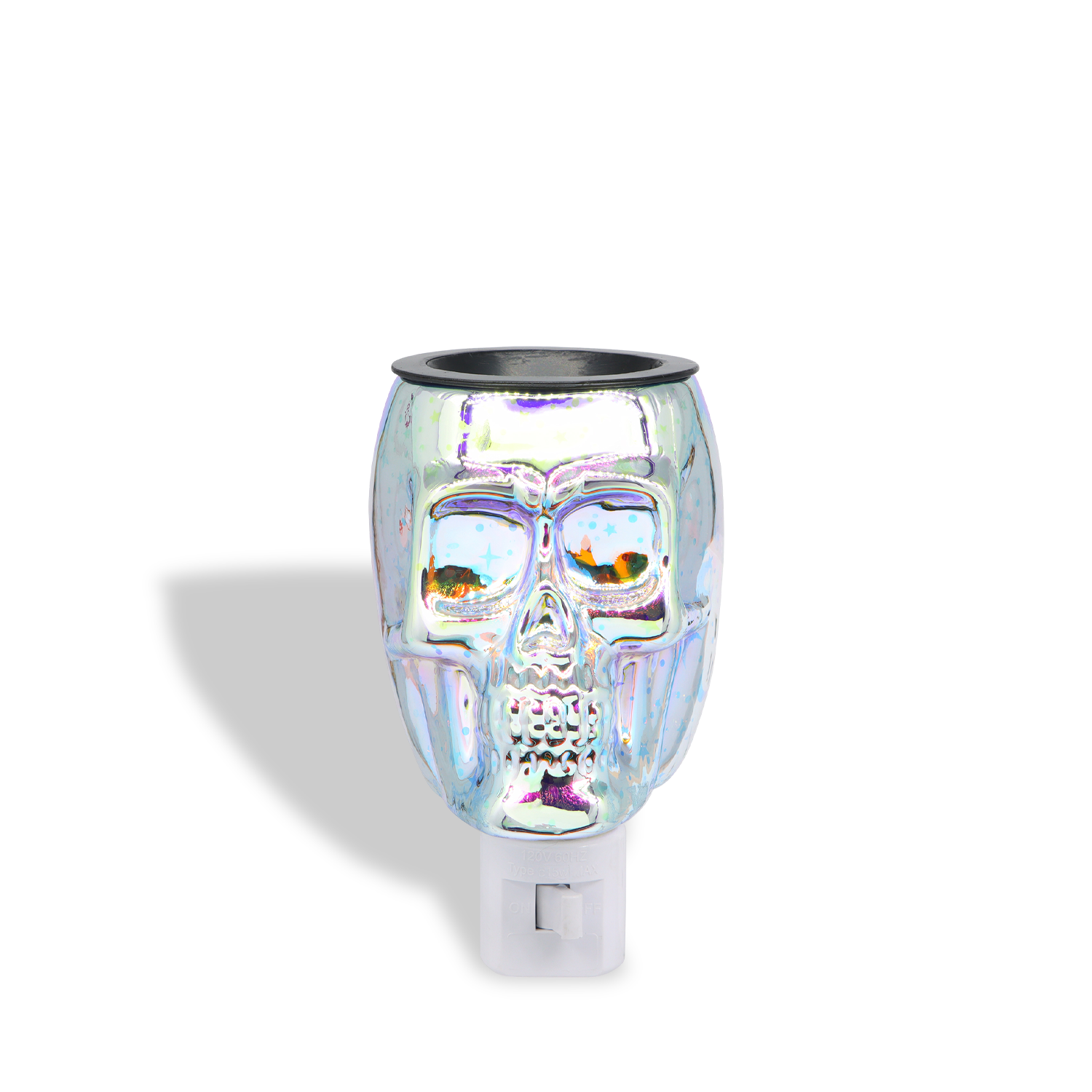 Holographic Skull Outlet Wax Melt Warmer by Tuscany Candle® SEASONAL featuring a reflective, iridescent finish, displayed against a white background with a subtle shadow on the left.