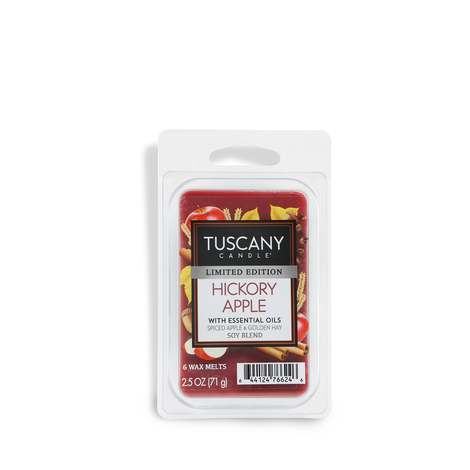 Tuscany Candle® SEASONAL Hickory Apple: Spiced Apple & Golden Hay Scented Fall Wax Melt, 2.5 oz, in plastic packaging labeled with scent details and weight.