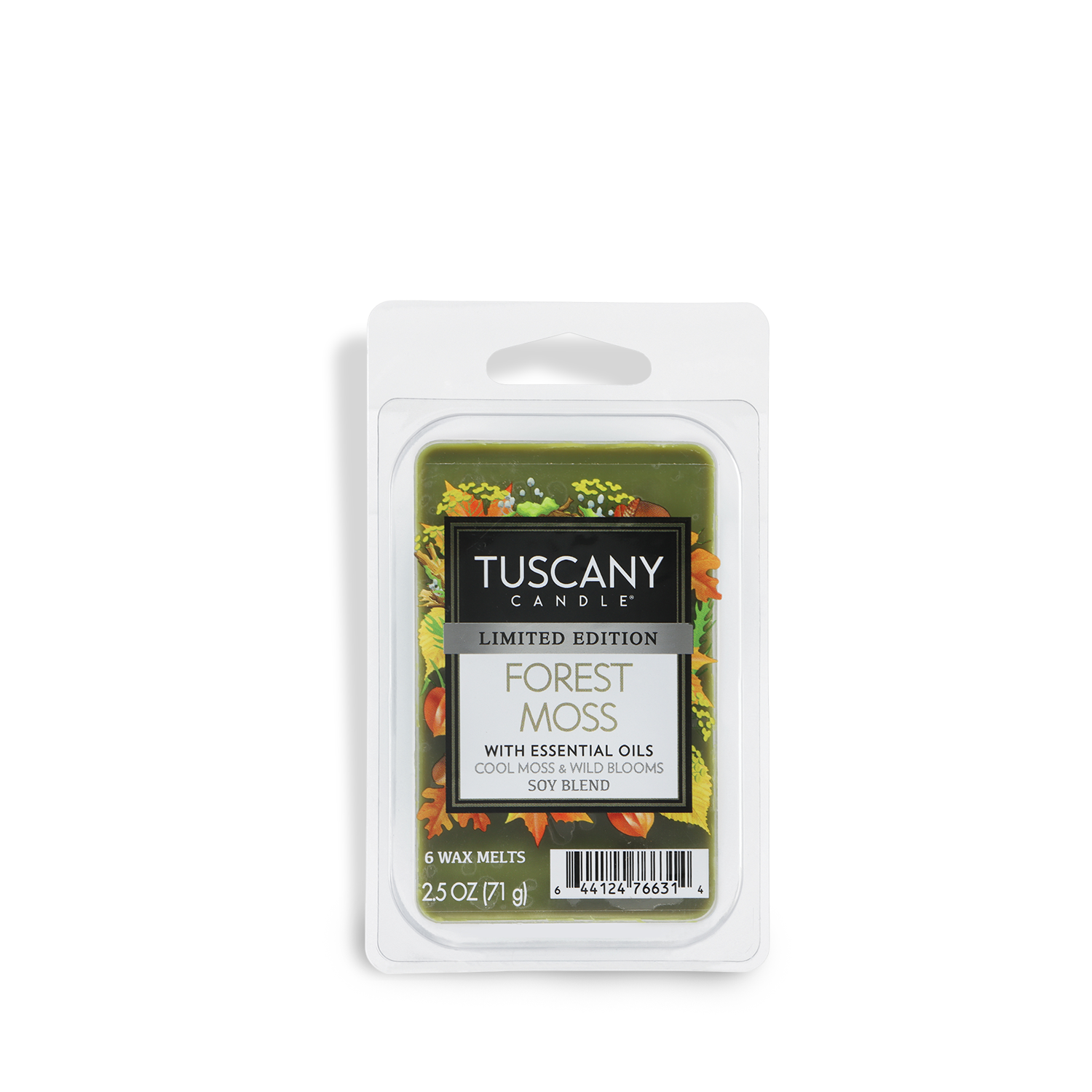 A 2.5 oz package of Tuscany Candle® SEASONAL Forest Moss: Wild Blooms & Musk Scented Fall Wax Melt, containing six melts in a clear plastic container with a floral label design.